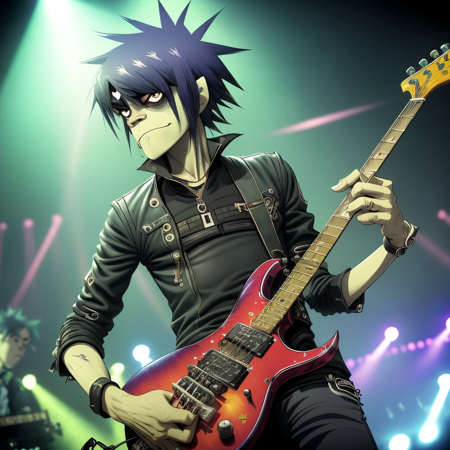 (best quality,highres,ultra-detailed),(gorillaz-style:1.1),murdoc niccals in a dress,(portrait:1.1),(vibrant colors),(stage lighting),(electric guitar),(energetic performance),(crowd cheering),(dynamic atmosphere),(unique fashion style),(stunning makeup),(rock concert),(fantastic stage effects),(captivating facial expression),(dramatic pose),(creative artistry),(punk rock vibes),(expressive eyes),(impressive personality),(stylish hair),(striking background),(artistic flair)