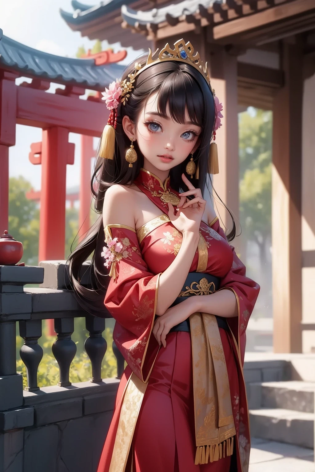 Best quality, masterpiece, high resolution, 1girl, ancient Chinese pink dress, beautiful face, ancient Chinese clothing, bowknot without the original picture, elegant, noble, crown, thin leg, fairy, hair accessory, solo, looking at viewer, smiling, shut up, lips, dress, hair accessory, necklace, jewelry, long hair, earrings, architecture, east asian architecture