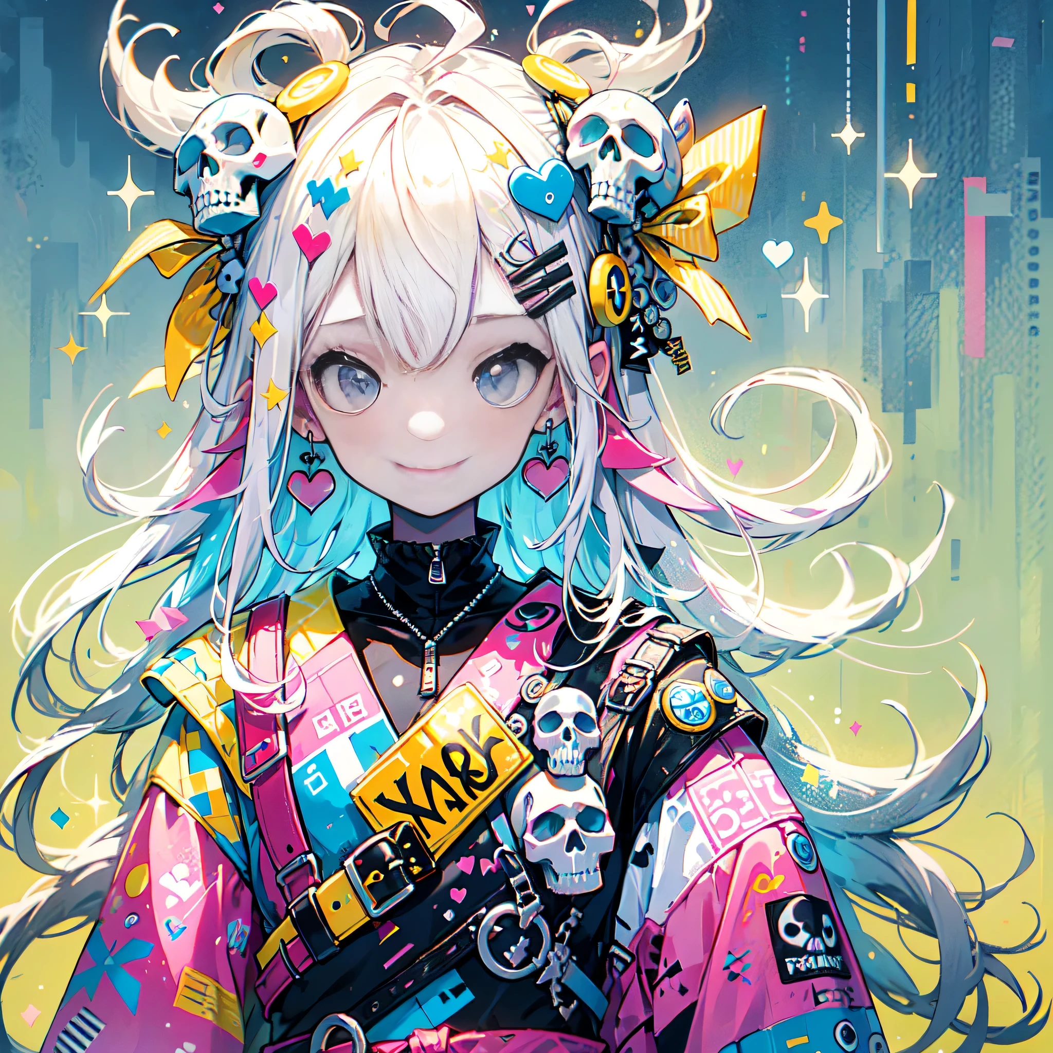"cute, beautiful, Adorable girl wearing pink clothes, yellow, and baby blue color scheme. She is wearing a costume with a SKULL motif inspired by a female pirate.。.... her costume is fluffy and soft, Comes with decorative accessories such as hair clips. Embodying the vibrant and modern Harajuku fashion style。."