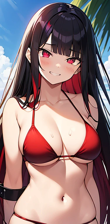 Realistic、1girl、(black hair red hair gradient hair:1.3)、(long hair),purple eyes、(glowing eyes:1.3)、open stance,(middle hair),(face focus:1.3,upper body),(enamel red bikini:1.3)、(grin1.3),(cute face:1.5),(tareme:1.3),(large breasts),(midsummer beach)
