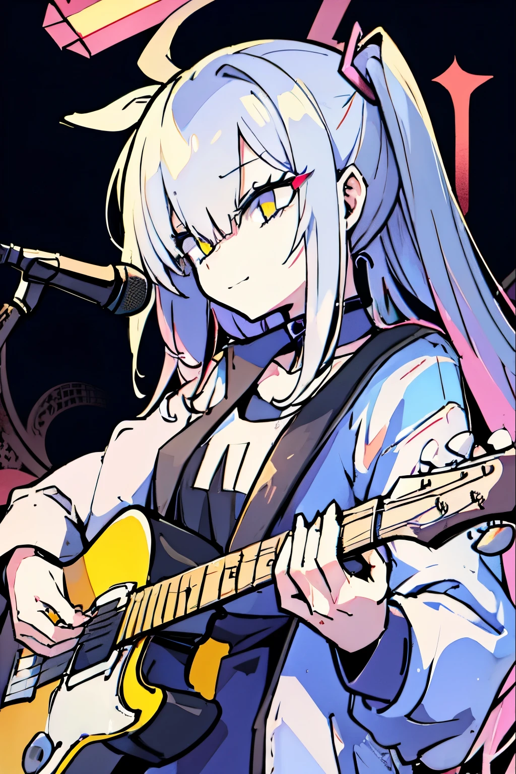 ((masutepiece)), ((Best Quality)), (Ultra-detailed), Anime style, Live performance venue, Cute s, 1girl in, Solo, Playing the guitar 00, ((Beautiful eyes))0, Smile,(((yellow eyes))),