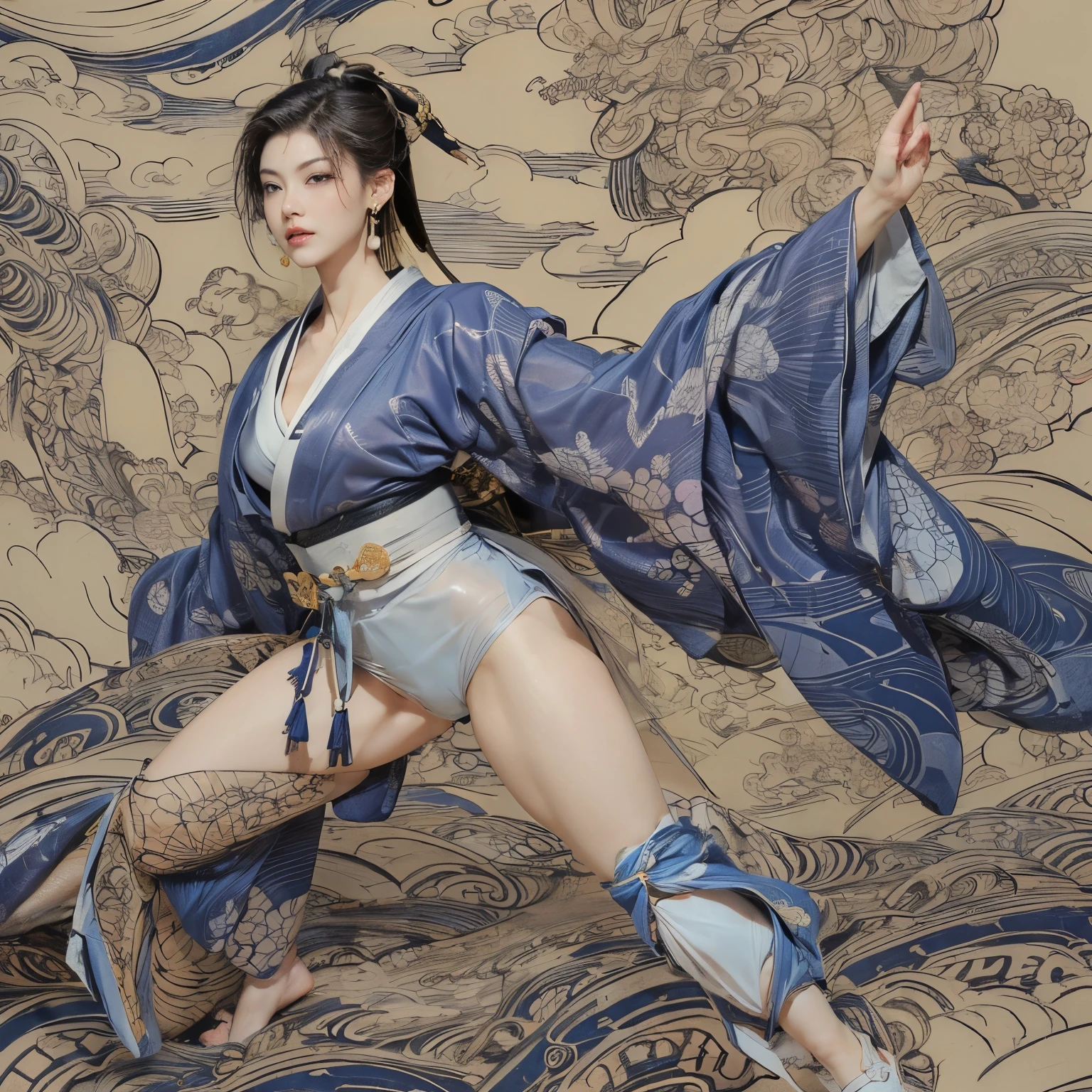 (masterpiece, top quality, best quality, official art, beauty:1.2),(The most detailed and clear facial features:2.0,facial contour:1.0,clear fingers:1.0) (1 Japanese Chunli:1.5), Very detailed,(Ukiyo-e艺术:1.1),(Ukiyo-e,colorful:1.1)(flowers:1.3),most detailed,(Zentangle:1.2), (dynamic poses,Showing thighs:2.0), (Blue sky and white clouds moon background:1.3), (Japanese kimono:1.2,Kimono transparent:1.5), (spread legs,Create radiant skin,Camel toe pubis:1.2), (Many colors:1.4), ,(earrings:1.4),