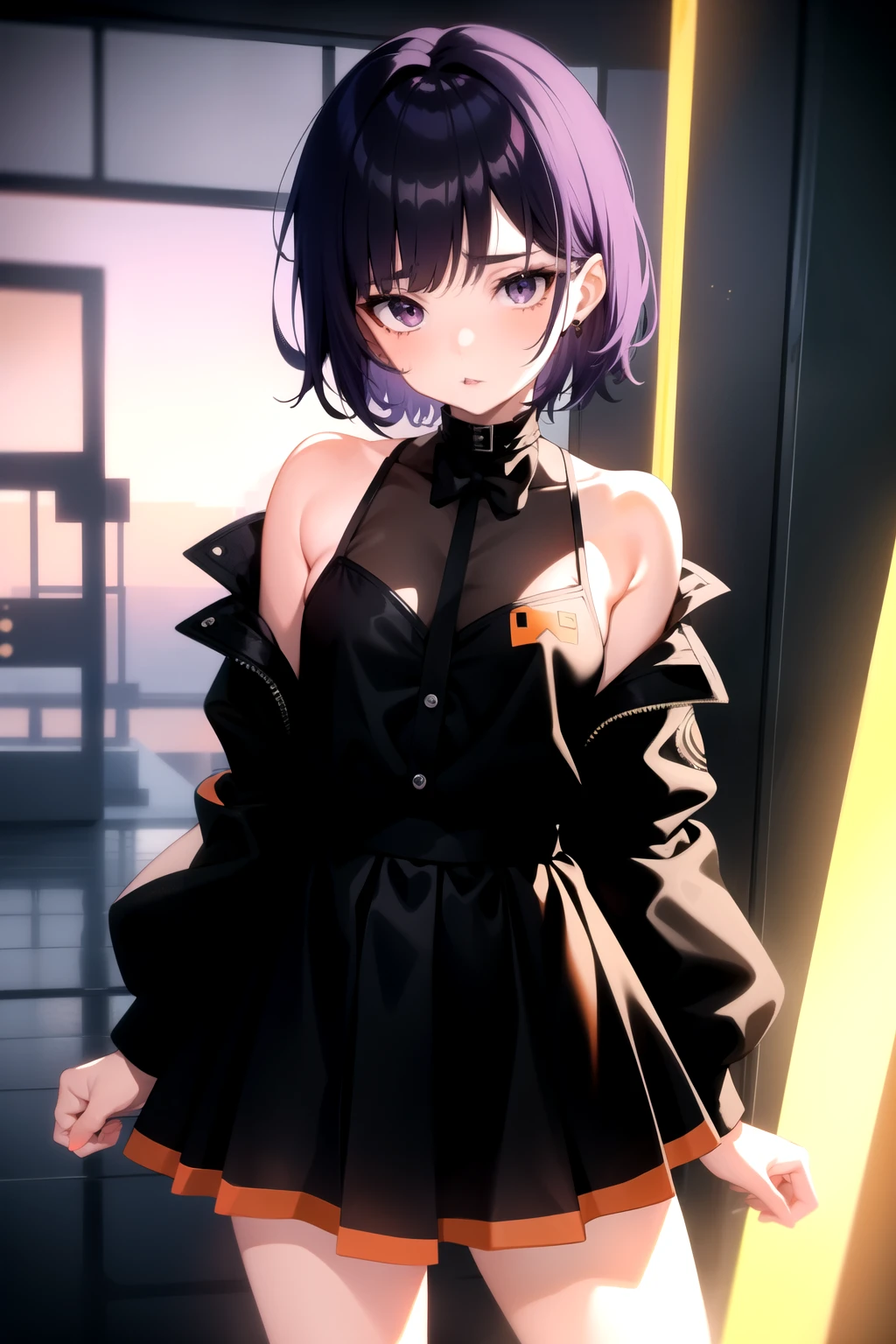 1 girl, Anime style, Very short hair, boyish hairstyle, purple hair, black eyes, black lips, Orange , Orange одежда, black tie, blue skirt
