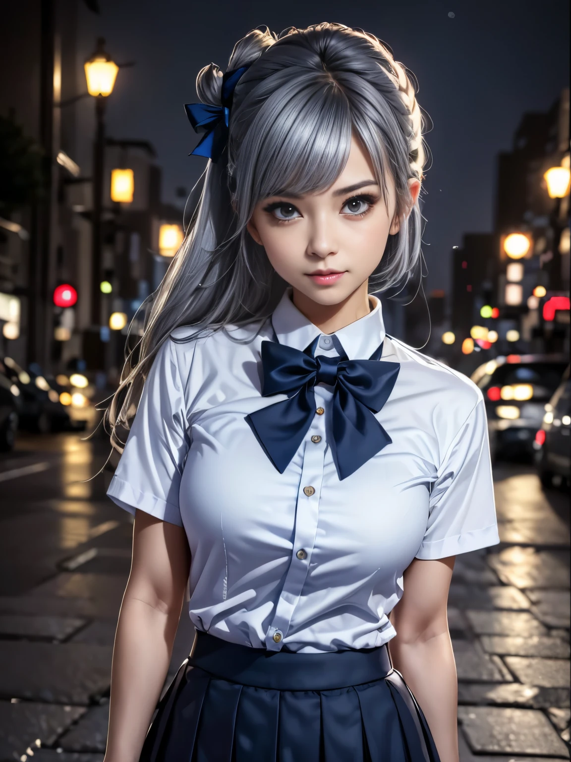 (8K, Raw photo, masterpiece:1.3), (realistic, photo-realistic:1.37), (night), (looking at the viewer:1.331), (gray hair), take a pose, tokyo street, nightcityscape, cyberpunk city, soft light, 1 girl, very beautiful face, bust, lay hands on, Random hairstyle, random expression, Big eyes, lower abdomen, (short sleeve .jk_shirt), jk_style, (dark blue jk_skirt), (bow jk_tie), mix 4., highest quality