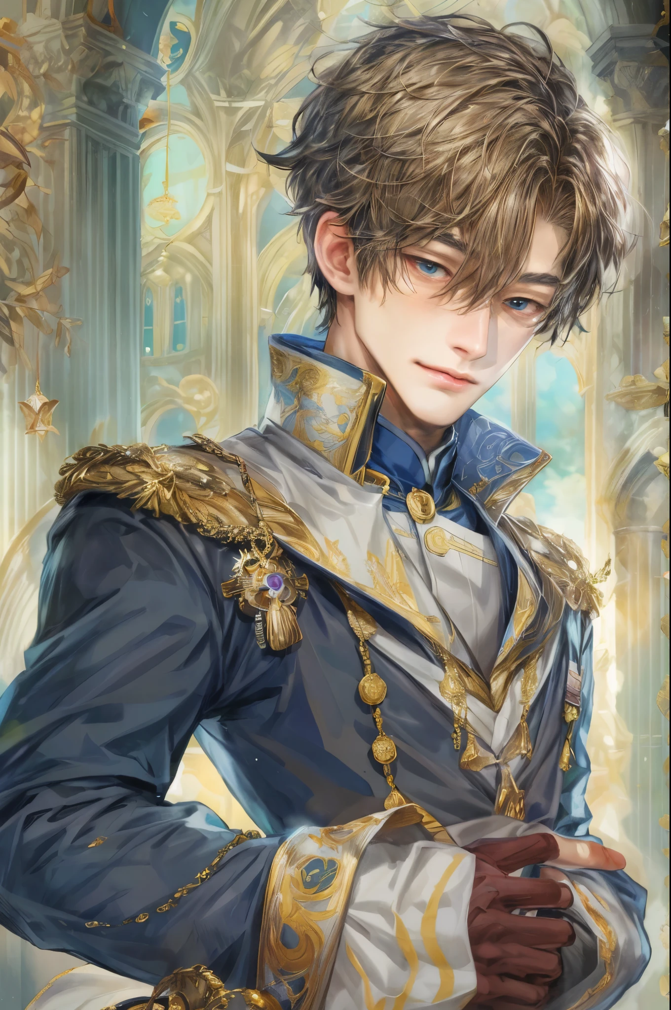 (absurdres, highres, ultra detailed, HDR), masterpiece, intricate, best quality, portrait of a handsome hero from tales of the rays, short hair, korean face, anime eyes, Acolyte outfit detailed interiors victorian style, detailed character