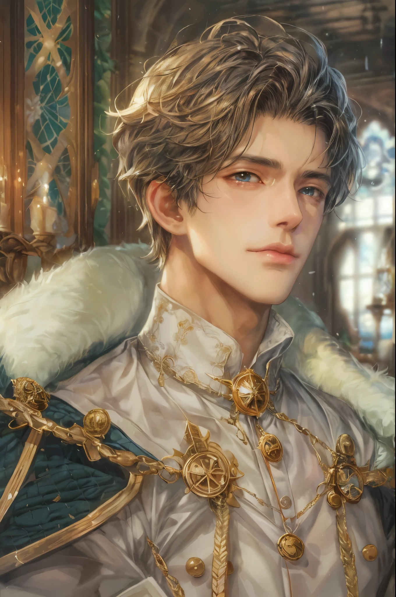 (absurdres, highres, ultra detailed, HDR), masterpiece, intricate, best quality, portrait of a handsome hero from tales of the rays, short hair, korean face, anime eyes, Acolyte outfit detailed interiors victorian style, detailed character