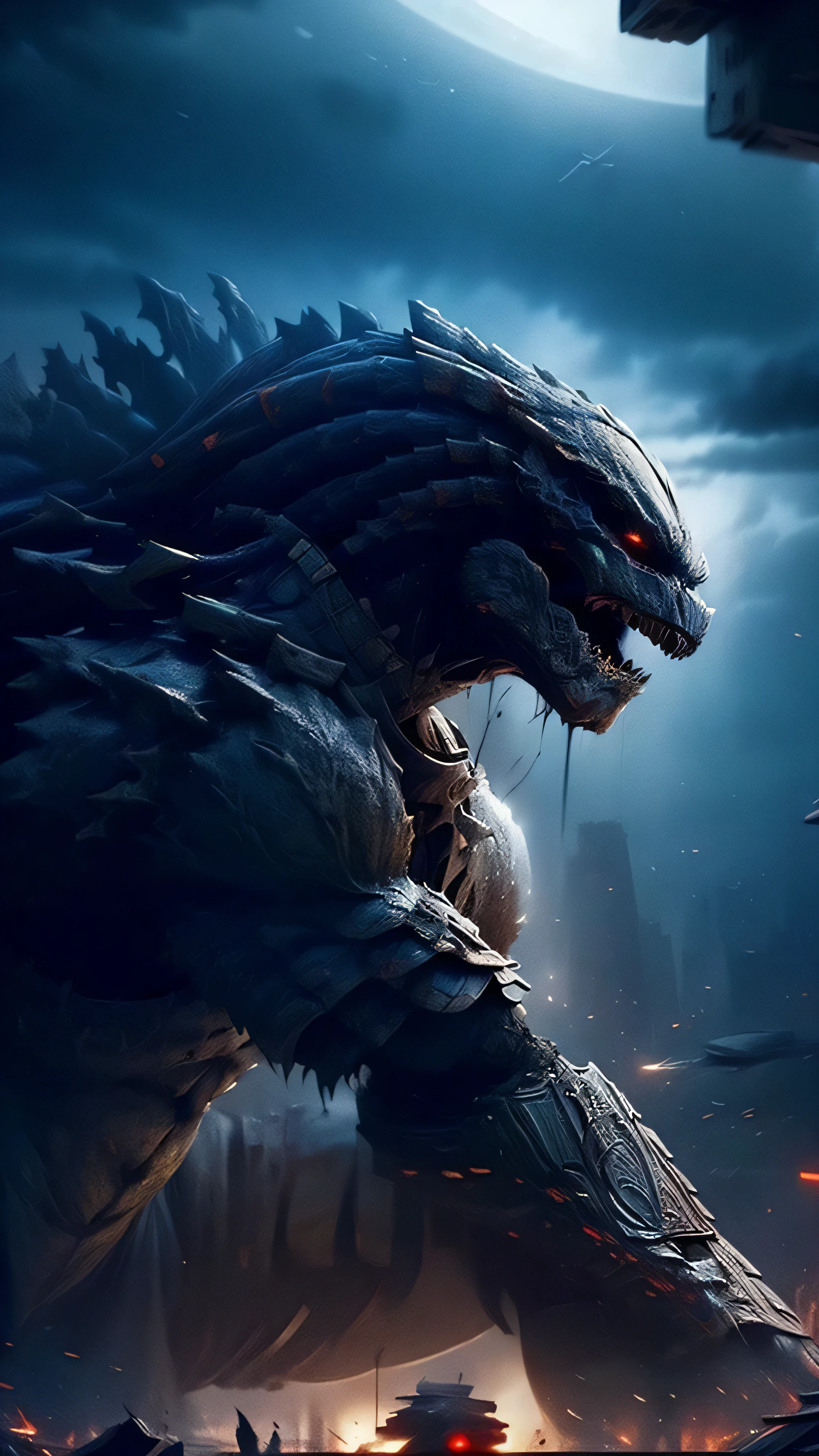 ultra-realistic, Godzilla (Kaiju monster) versus Predator (Yautja) destroying skyscrapers, fire blast, ruined city, detailed ladders, terrifying jaws, massive claws, devastating rampage, collapsed buildings, frightened civilians, futuristic cityscape, ruined landscape, apocalyptic destruction, dangerous giant, roaring with fury, epic battle scene, military forces fighting, helicopters encircling, explosions and smoke, rubble and debris, chaos and panic, heroic resistance, Godzilla emerging from the sea ridge on fire, Predator on Earth with state-of-the-art warrior weaponry, tsunami-sized waves crashing, dark and menacing skies, destruction on a massive, monumental and impressive scale, powerful and unstoppable, embodying fear and destruction