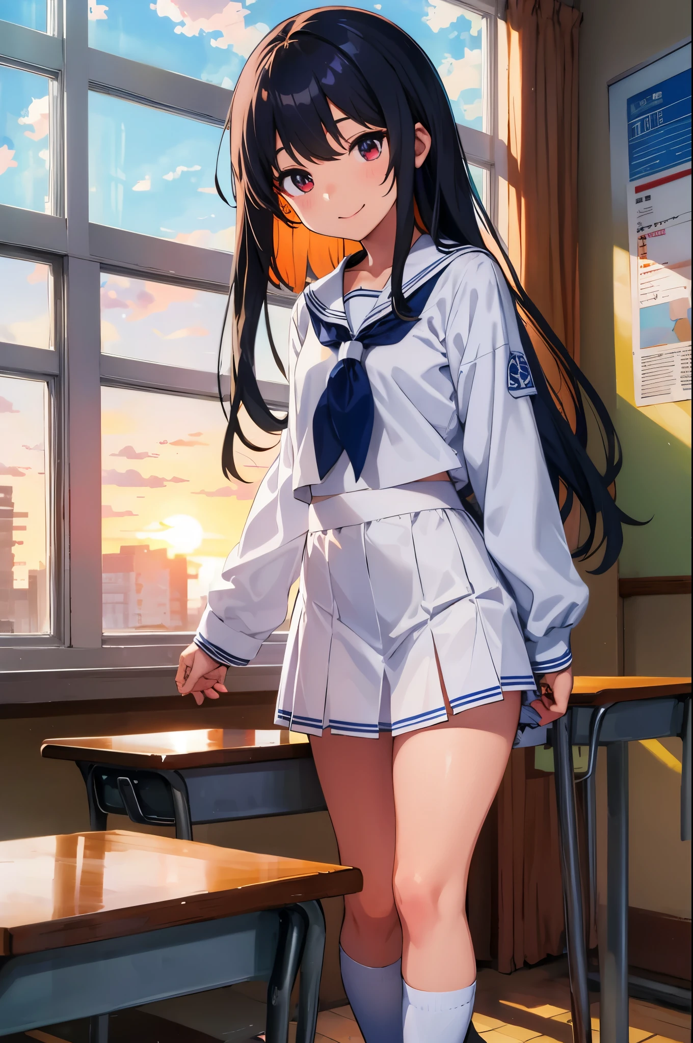 Evening school classroom Sunset shines through the window sunset Backlight girl 8-year-old flat chelack r long hair eyes are purple smile ((1 person)) Upper half length sleeve white sailor uniform Lower body navy blue miniskirt((White panties are visible)) black socks sneakers standing by the window spread your legs a little I can see white panties dynamic angle Low angle from the front