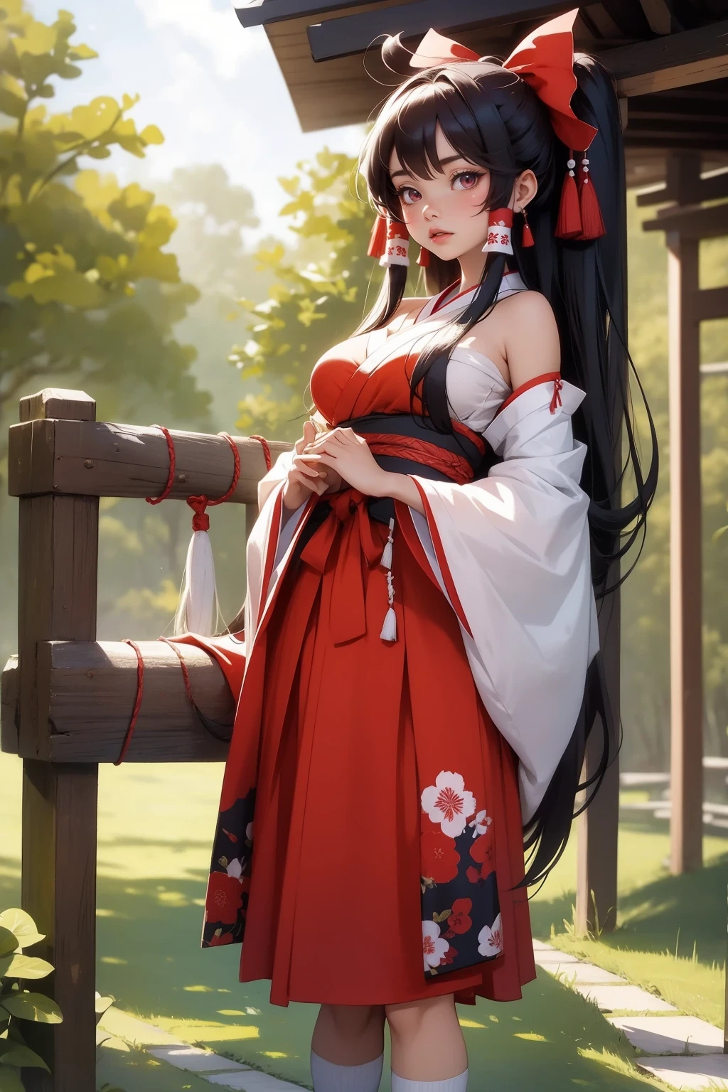 Beautiful Chinese girl，Wearing Hanfu，（transparent），Black long hair，watcher，Upper Body，Sitting on the grass，Lovely，A slight smile on the face，Large bust，（Slim legs:10.0)，Peerless Beauty，Wearing Chinese ancient jade hairpin jewelry，Red leg