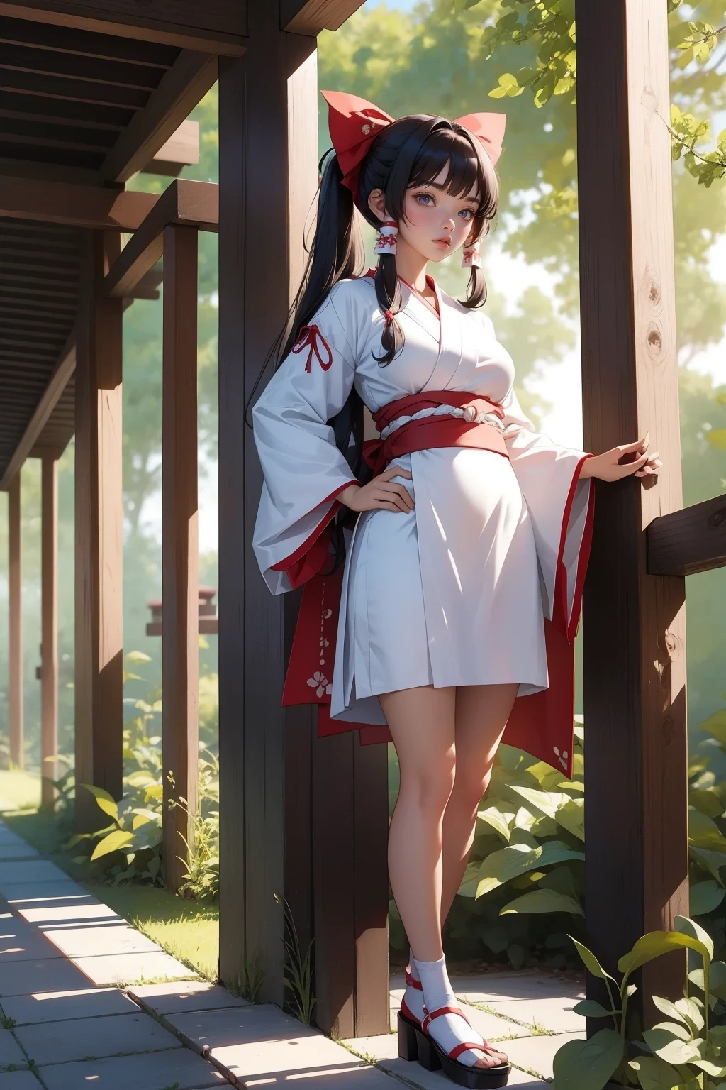 An exquisitely detailed CG artwork depicting Hakurei Reimu, a solitary shrine maiden, in the highest quality. Featuring a delicate white ribbon and socks, large breasts, and wide hips, this masterpiece illustration showcases the beauty of solo female characters.