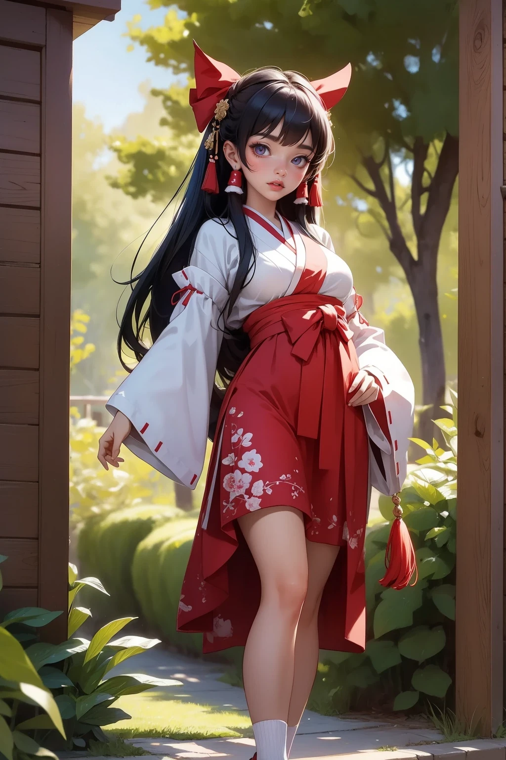 An exquisitely detailed CG artwork depicting Hakurei Reimu, a solitary shrine maiden, in the highest quality. Featuring a delicate white ribbon and socks, large breasts, and wide hips, this masterpiece illustration showcases the beauty of solo female characters.