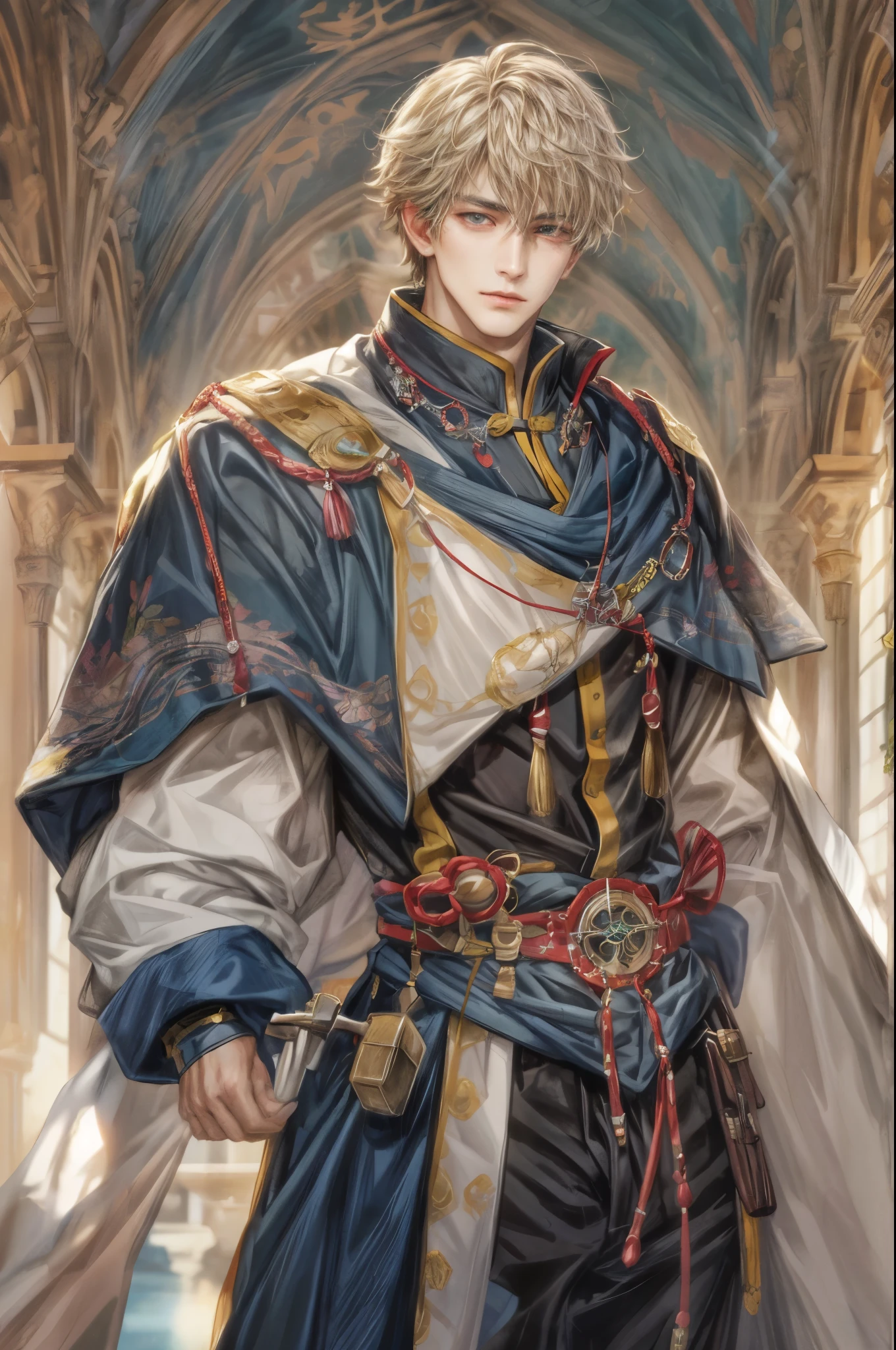 (absurdres, highres, ultra detailed, HDR), masterpiece, intricate, best quality, portrait of a handsome hero from tales of the rays, short hair, korean face, anime eyes, rogue outfit detailed interiors medieval style, detailed character