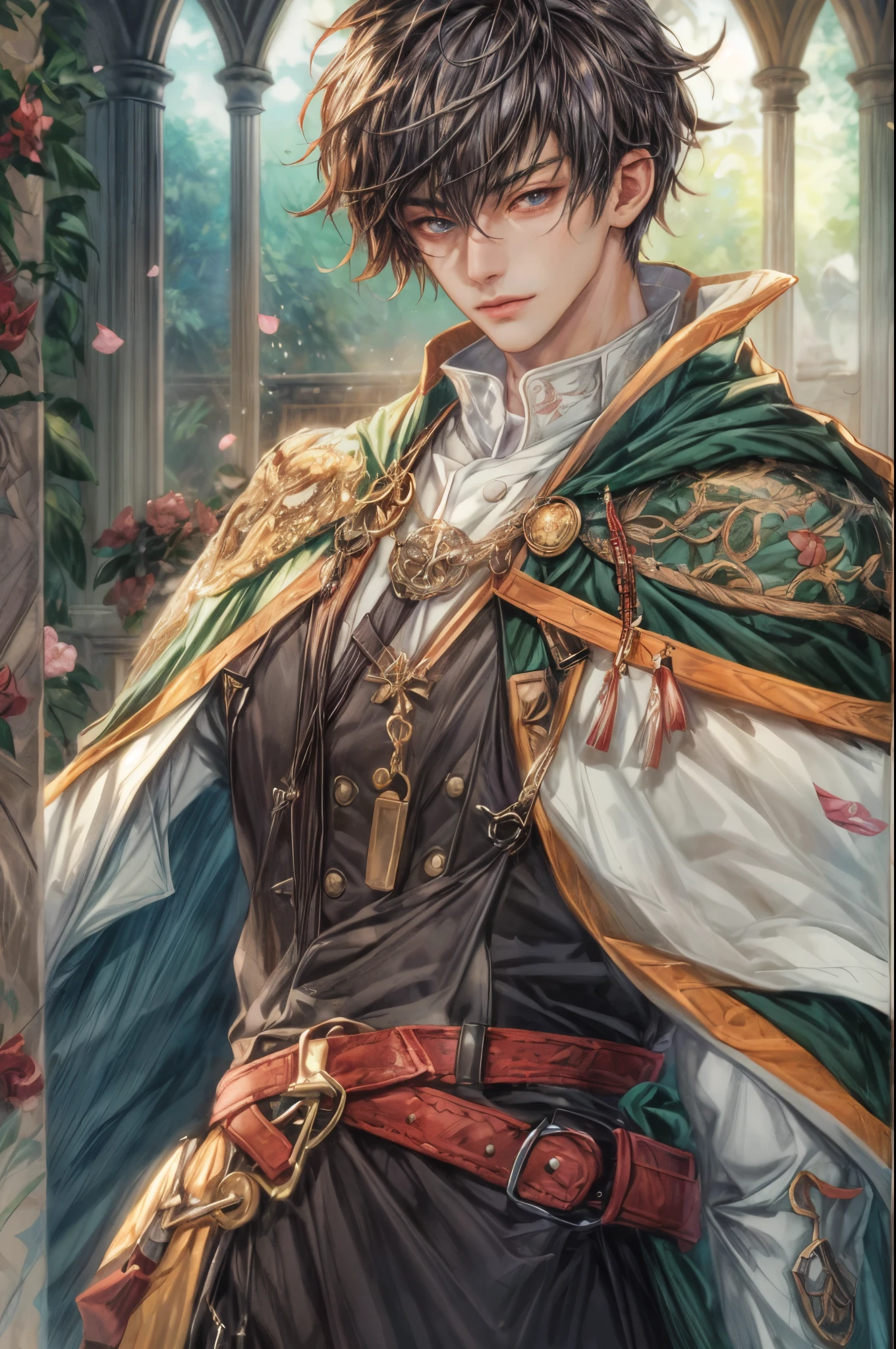 (absurdres, highres, ultra detailed, HDR), masterpiece, intricate, best quality, portrait of a handsome hero from tales of the rays, short hair, korean face, anime eyes, rogue outfit detailed interiors medieval style, detailed character