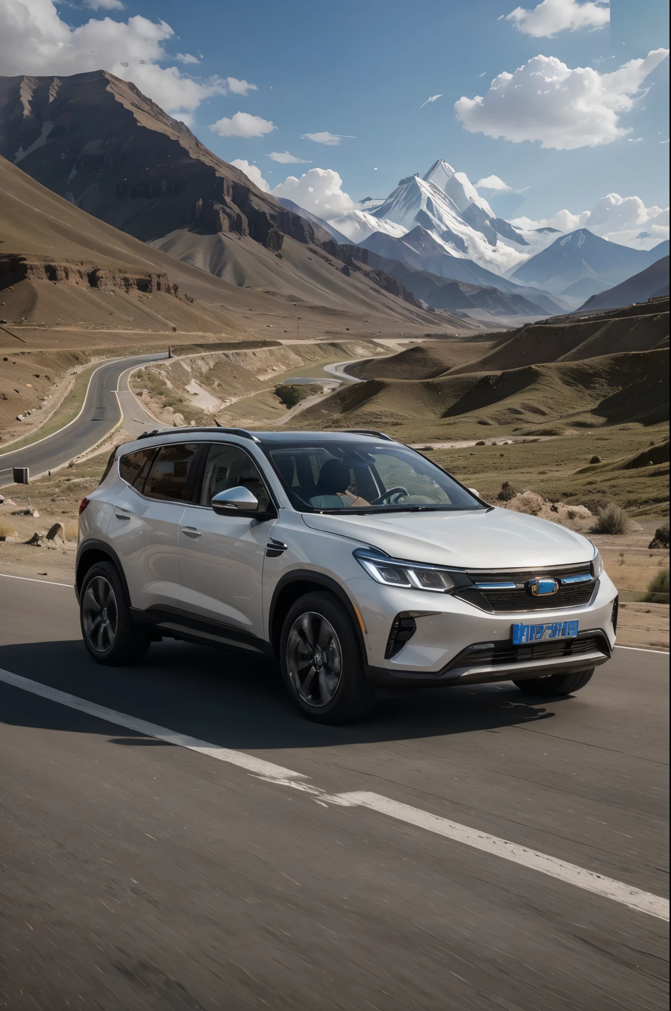 ray tracing, UHD, high quality, high detail, best quality, high resolution, 8k, a cool SUV, surrealism, electric car concept elements, noon, Tibetan plateau, motion blur, ultra wide angle, Eye-Level Shot.