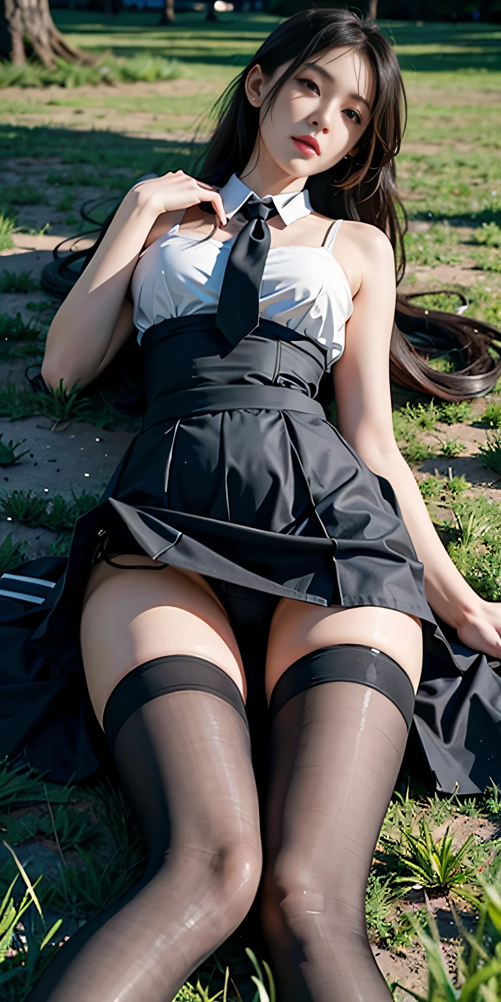 Photorealistic, high resolution, Soft light,1womanl, Solo, Hips up, view the viewer, (Detailed face), Long hair, lying on the grass ground, look from down, Show panties, See panties, secretary_uniform, Black skirt, Pantyhose, tattoo, jewelry