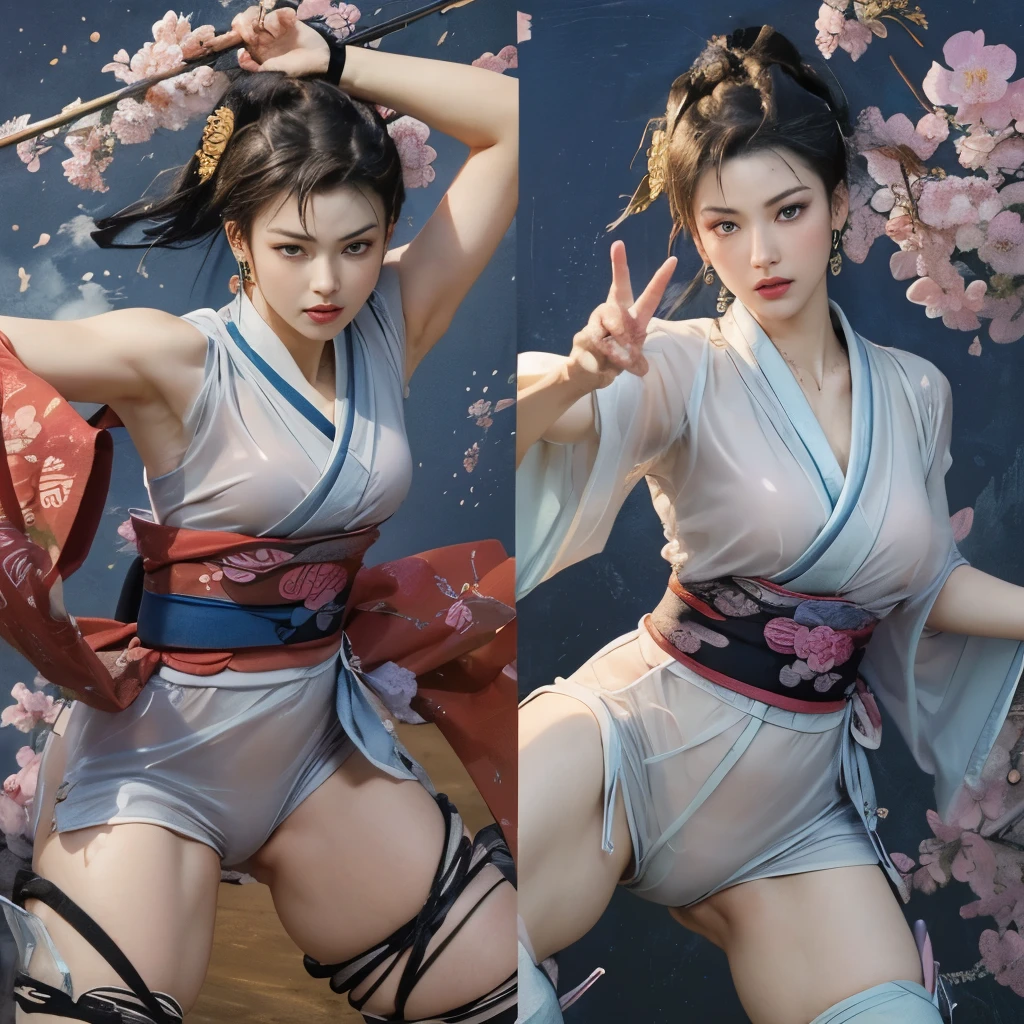 (masterpiece, top quality, best quality, official art, beauty:1.2),（The most detailed and clear facial features：2.0，facial contour：1.0，clear fingers:3.0） (1 Japanese Chunli:1.5), Very detailed,(Ukiyo-e艺术:1.1),(Ukiyo-e，colorful:1.1)(flowers:1.3),most detailed,(Zentangle:1.2), (dynamic poses，Showing thighs:2.0), (Blue sky and white clouds moon background:1.3), (Japanese kimono:1.2，Kimono transparent:1.5), (spread legs，Create radiant skin，Camel toe pubis：1.2), (Many colors:1.4), ,(earrings:1.4),