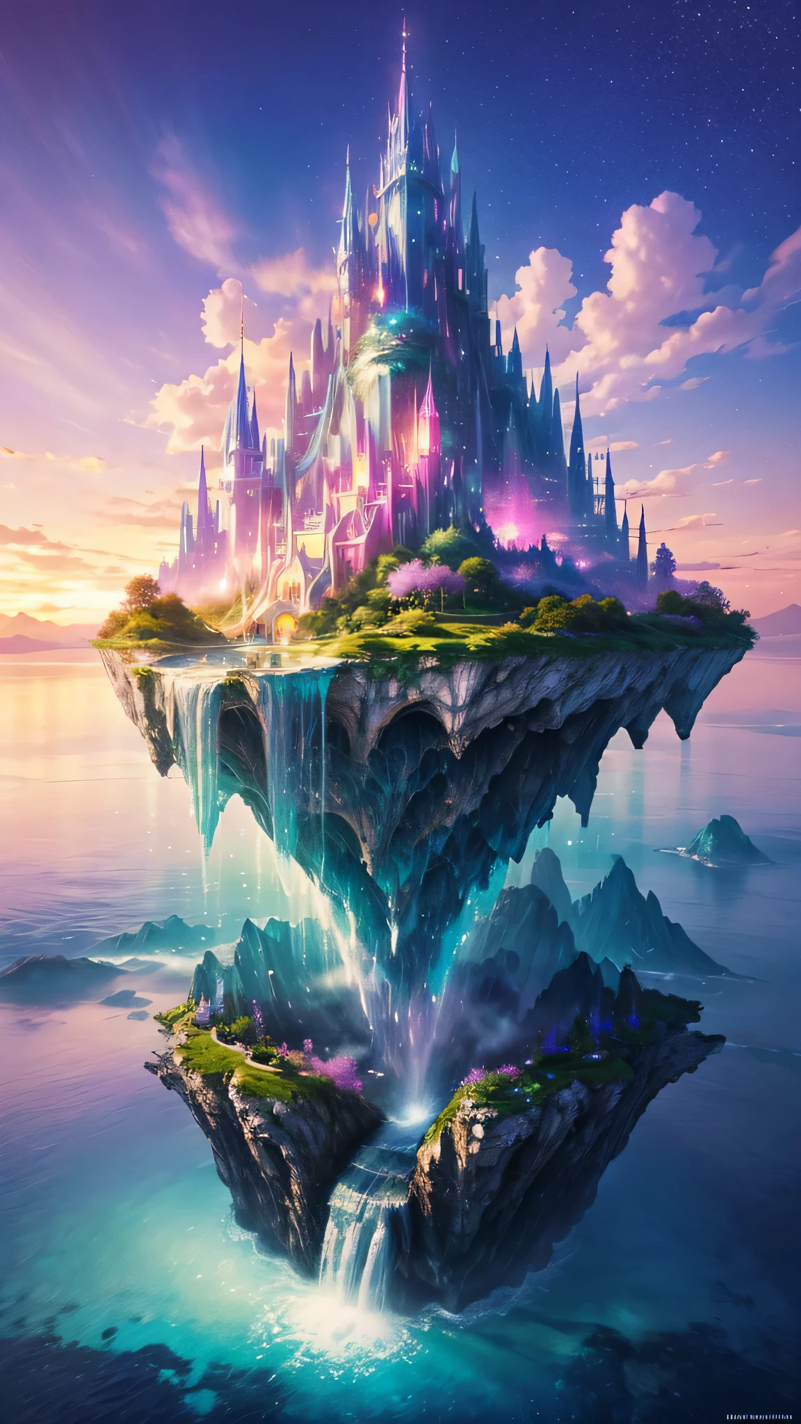 Enchanting scenes that imagine the majestic realm of romantic fantasy. The environment is filled with intricate floating islands, fluffy clouds, Waterfall cascading from floating island, and a vibrant, surreal atmosphere. The atmosphere is filled with a sense of wonder and tranquility. Include a variety of pink shades as well as other vibrant jewel tones in your images. This scene will be depicted with anime style illustrations, with soft lines, pastel colors, and whimsical touches. All buildings are extremely detailed and elegant. The artwork will capture the ethereal beauty and serenity of a dreamlike realm, Create a sense of harmony and escape the ordinary world. Add cyan water, Colorful watercolor sky, Glowing elements, and lots of little fantasy details,including iridescence, Beautifully crafted landscapes, sparkling. the most important is, This should look like fantasy art. Includes tons of vibrant colors and blurry, surreal details.