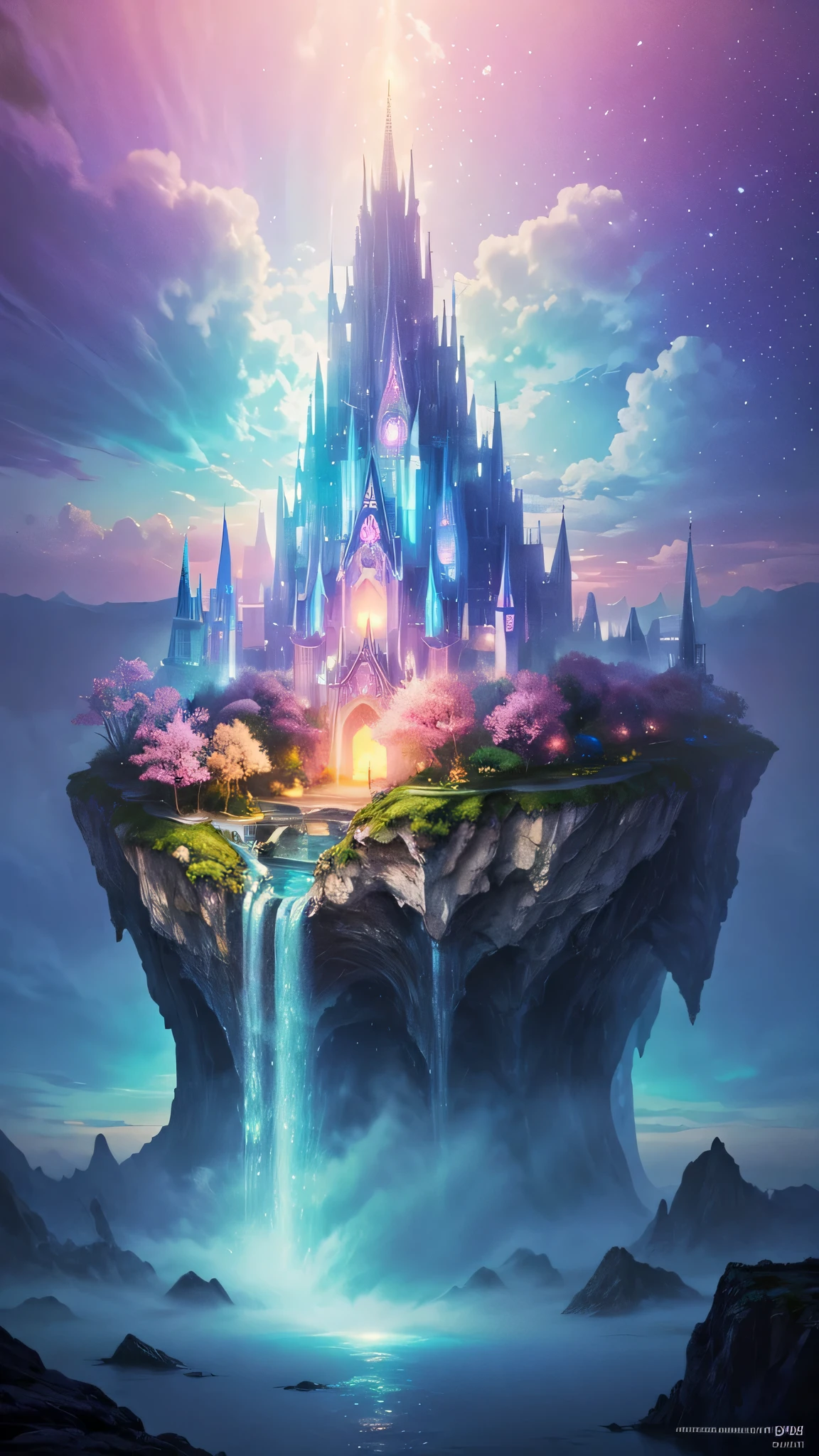 Enchanting scenes that imagine the majestic realm of romantic fantasy. The environment is filled with intricate floating islands, fluffy clouds, Waterfall cascading from floating island, and a vibrant, surreal atmosphere. The atmosphere is filled with a sense of wonder and tranquility. Include a variety of pink shades as well as other vibrant jewel tones in your images. This scene will be depicted with anime style illustrations, with soft lines, pastel colors, and whimsical touches. All buildings are extremely detailed and elegant. The artwork will capture the ethereal beauty and serenity of a dreamlike realm, Create a sense of harmony and escape the ordinary world. Add cyan water, Colorful watercolor sky, Glowing elements, and lots of little fantasy details,including iridescence, Beautifully crafted landscapes, sparkling. the most important is, This should look like fantasy art. Includes tons of vibrant colors and blurry, surreal details.