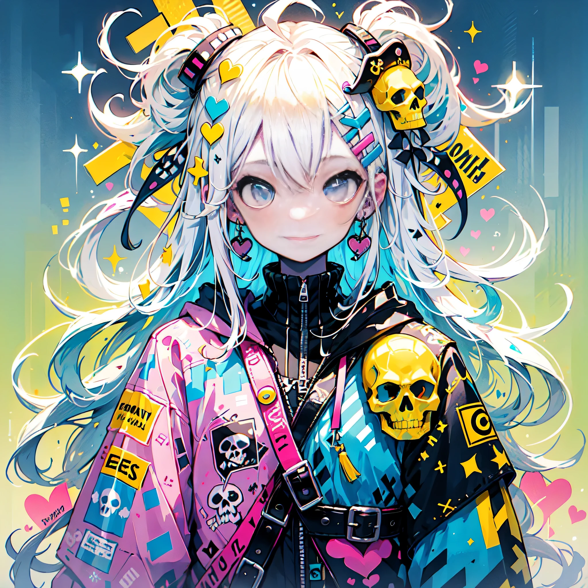 "cute, beautiful, Adorable girl wearing pink clothes, yellow, and baby blue color scheme. She is wearing a costume with a SKULL motif inspired by a female pirate.。.。.... her costume is fluffy and soft, Comes with decorative accessories such as hair clips. Embodying the vibrant and modern Harajuku fashion style。."　、best smile