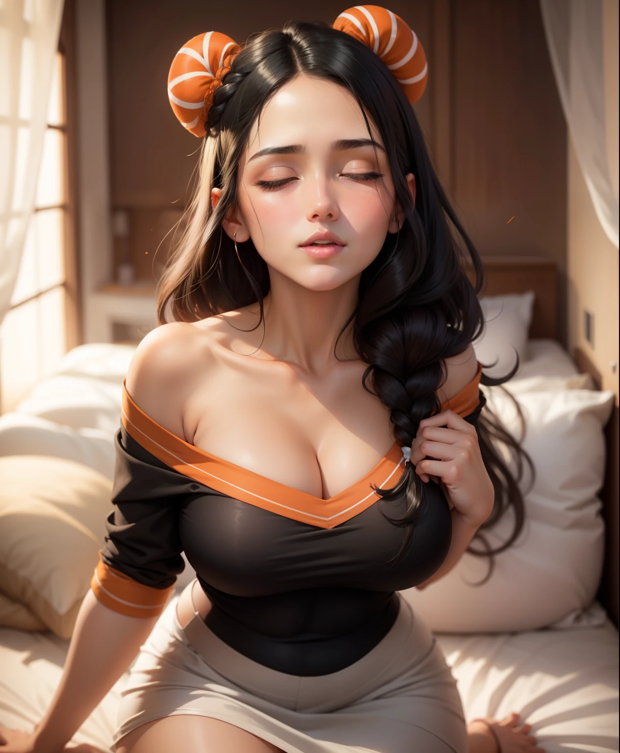 Sexy thick woman, black hair in a braid, plump face, medium nose, perfect pink lips parted, flustered, lustful , blushing intensely, fairest skin, loose oversized off shoulder orange t shirt, bare shoulders , medium chest, cleavage, lying on bed, head on pillow, facing up 