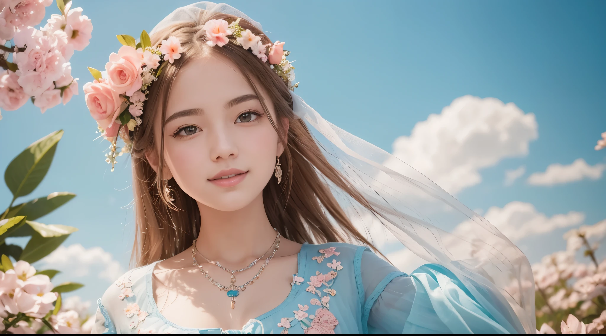 masterpiece, award winning, high quality, super detail, 8k, photo, simple pose, girl, (solo), smile, ancient clothing, detailed clothes, dressed up, spring clothes, ancient accessories, (theme color is bright light blue and pale coral pink), complemented with a necklace, (close up of face), (portrait style), at the old castle, classic European style, in early spring, natural daylight, direct sunlight, harmonious color palette and composition