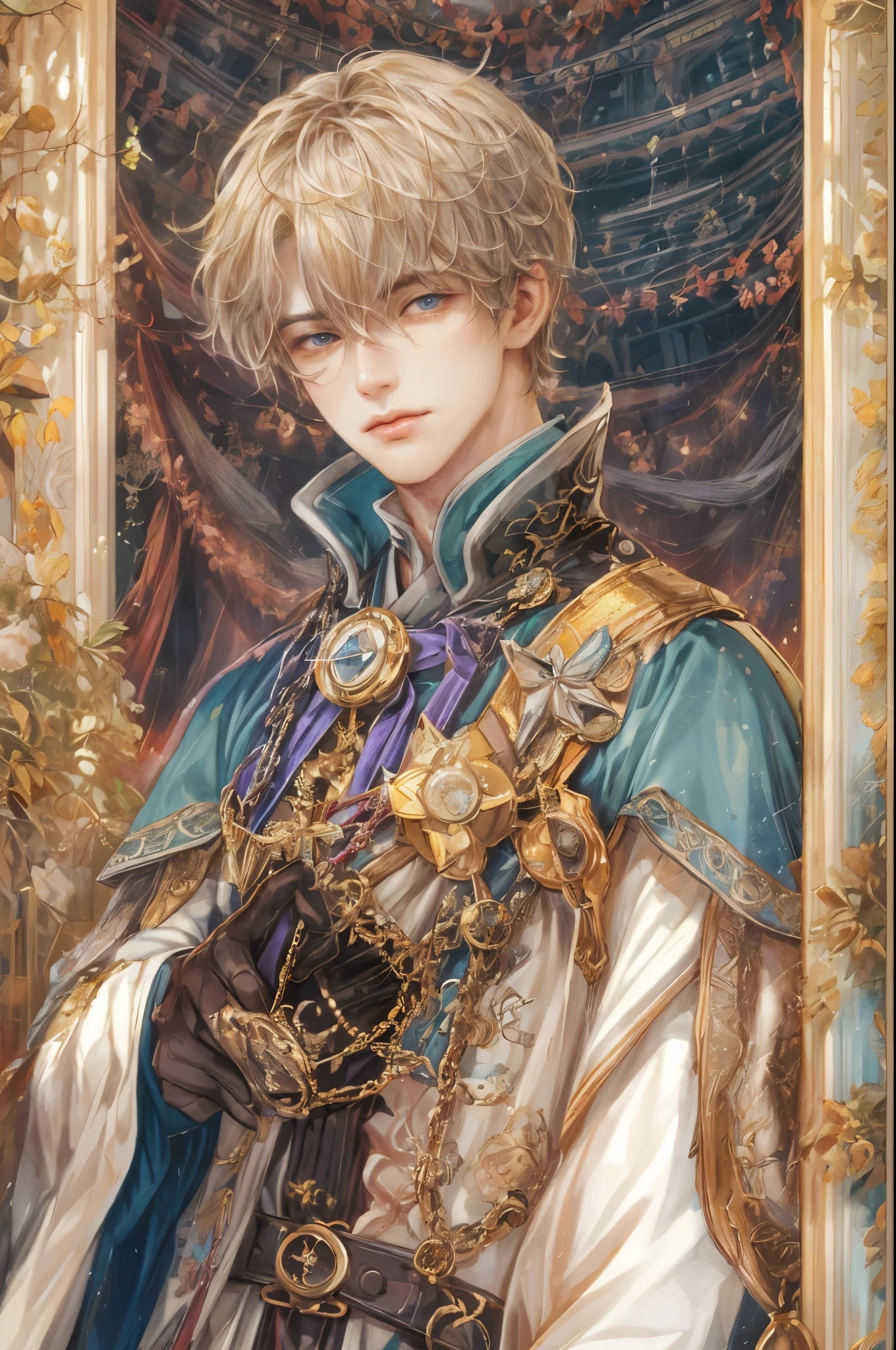 (absurdres, highres, ultra detailed, HDR), masterpiece, intricate, best quality, portrait of a handsome hero from tales of the rays, short hair, korean face, anime eyes, Acolyte outfit detailed interiors victorian style, detailed character