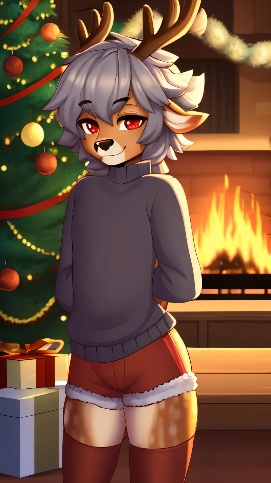 wolf, male, slender, ((twink)), uploaded to e621, beautiful and detailed, kenket, uploaded to e621, christmas, wrapped in red ribbon, laying on back, fluffy tail, mohawk, butt lifted