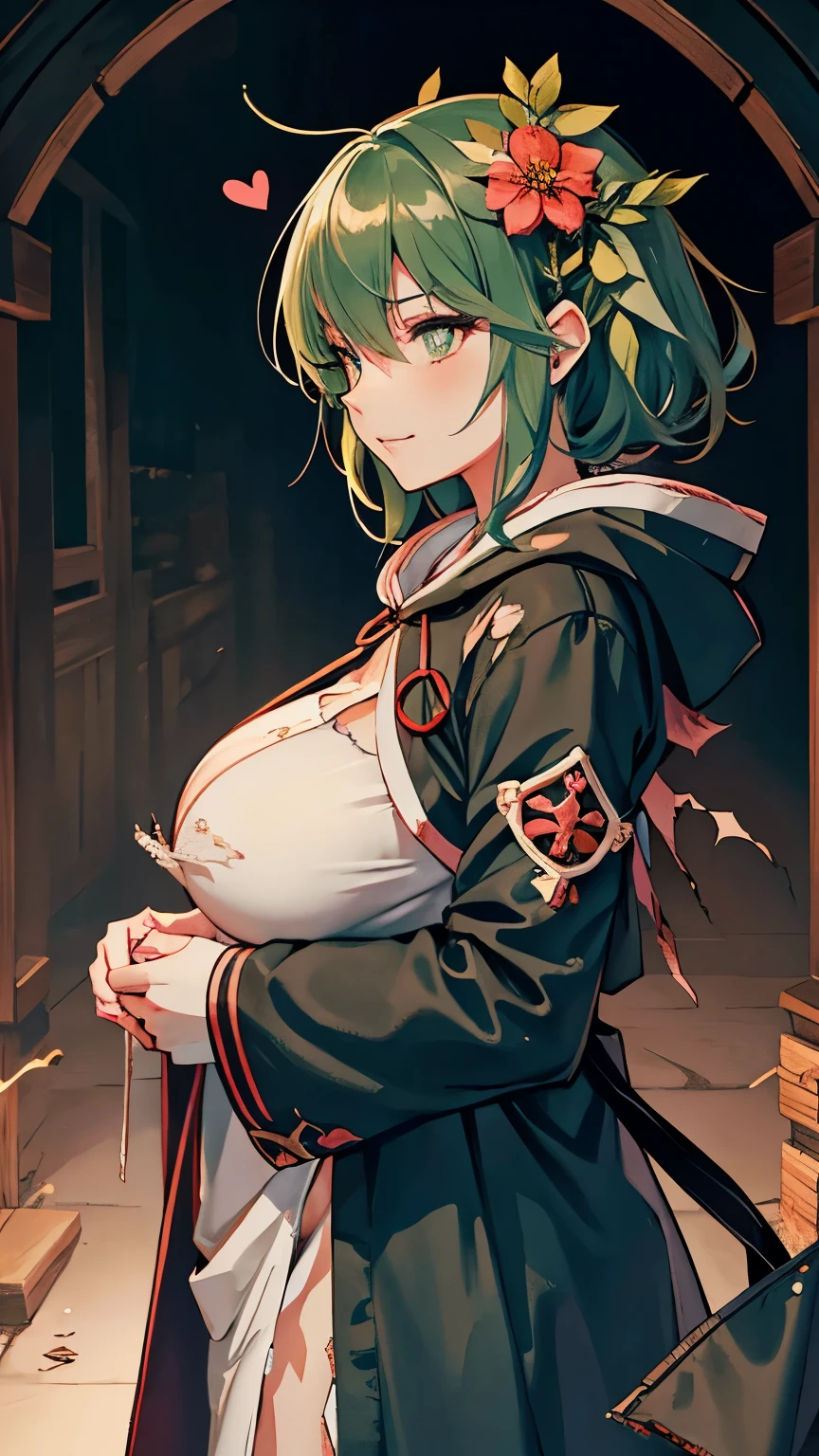 highest quality, a character portrait by Nagasawa Rosetsu, official 2d game art, Mysterious, a priestess:2.5 in a hood with flowers on her hood, wearing white priest's clothes, (torn and ripped clothes), 36 years old, bob hair, deep moss green hair color, the determined and [[grin]] face, heart shaped pupils, (side glance), [looking away], voluptuous breast, (lactation), (moody lighting), from side