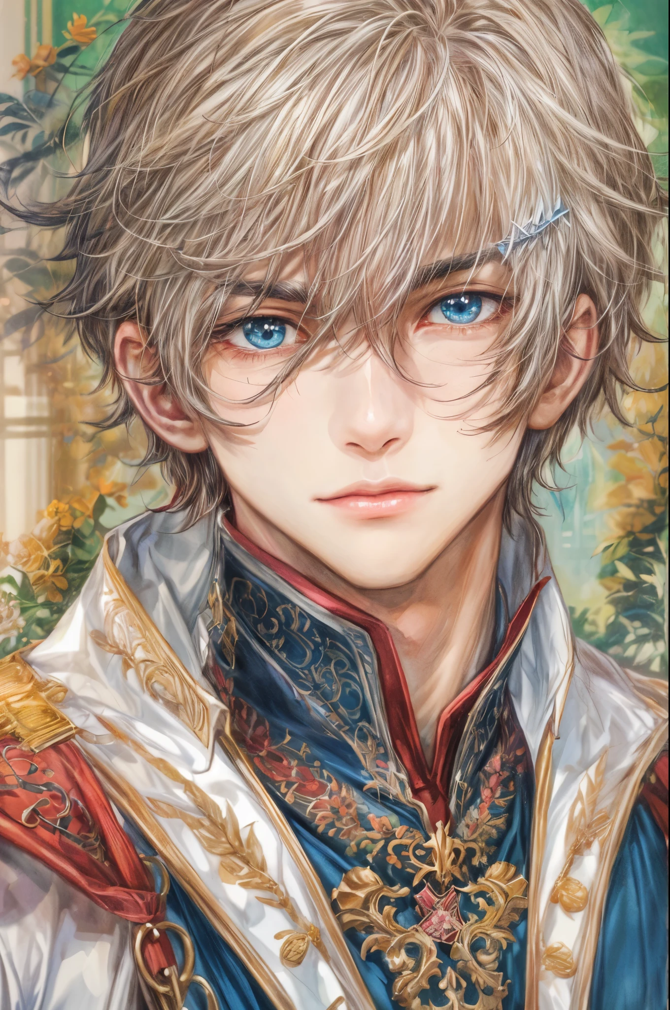 (absurdres, highres, ultra detailed, HDR), masterpiece, intricate, best quality, portrait of a handsome hero from tales of the rays, short hair, korean face, anime eyes, rogue outfit detailed interiors medieval style, detailed character