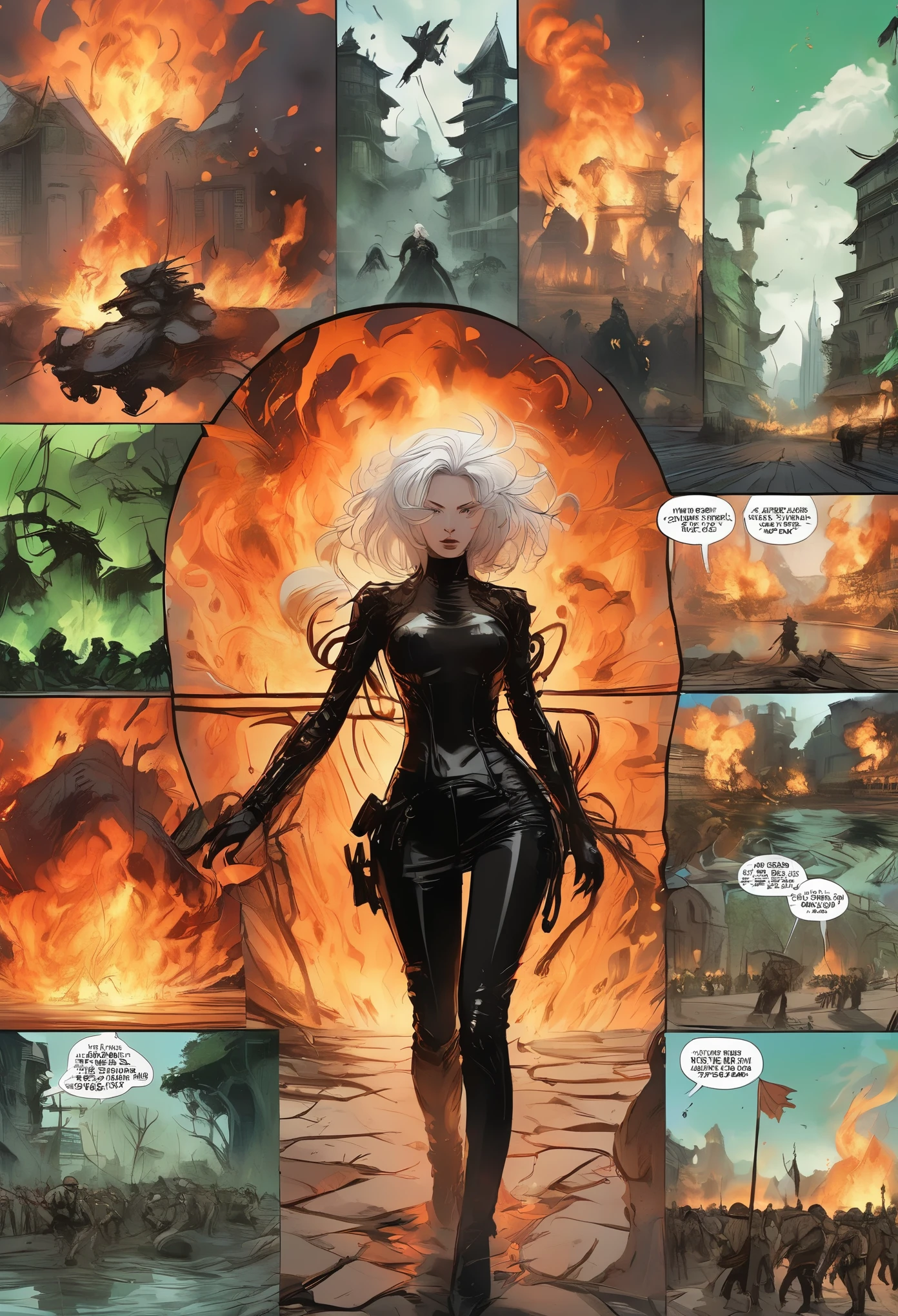 The background is a comic storyboard，In the foreground is a full body photo of the witch，Release magic wave，Raise your palm，Green Hell Flame，burning city and soldiers，facial close-up，Soldiers crying