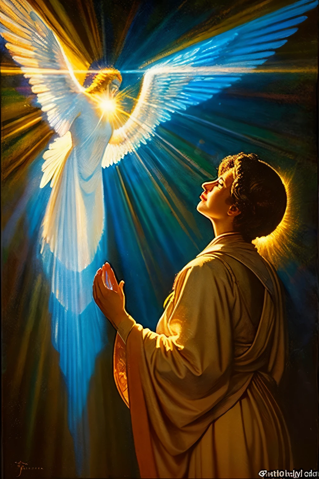 This is a religious painting. Light shines down from behind Archangel Gabriel, and her figure is hidden in shadow.