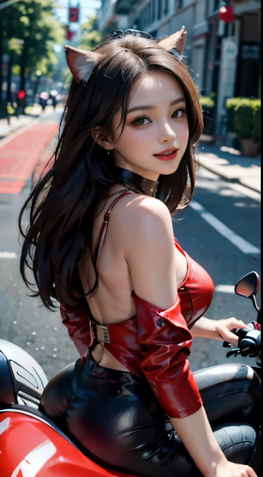 1girl, delicate and beautiful facial features, flower eye shadow and light makeup, exquisite jewelry and necklace, short delicate technology leather jacket on the upper body, delicate technical leather pants on the lower body, sitting on a red high-tech motorcycle, wearing a delicate red cat ear motorcycle helmet, smiling back, bare shoulders, showing the perfect curves and plump buttocks behind it, background special effects neon, colorful, colorful, highlighting motorcycles and girls, highest picture quality, masterpiece, high resolution, complex motorcycle details highlight future technology creation, facial features are clear and not blurred, normal human fingers,