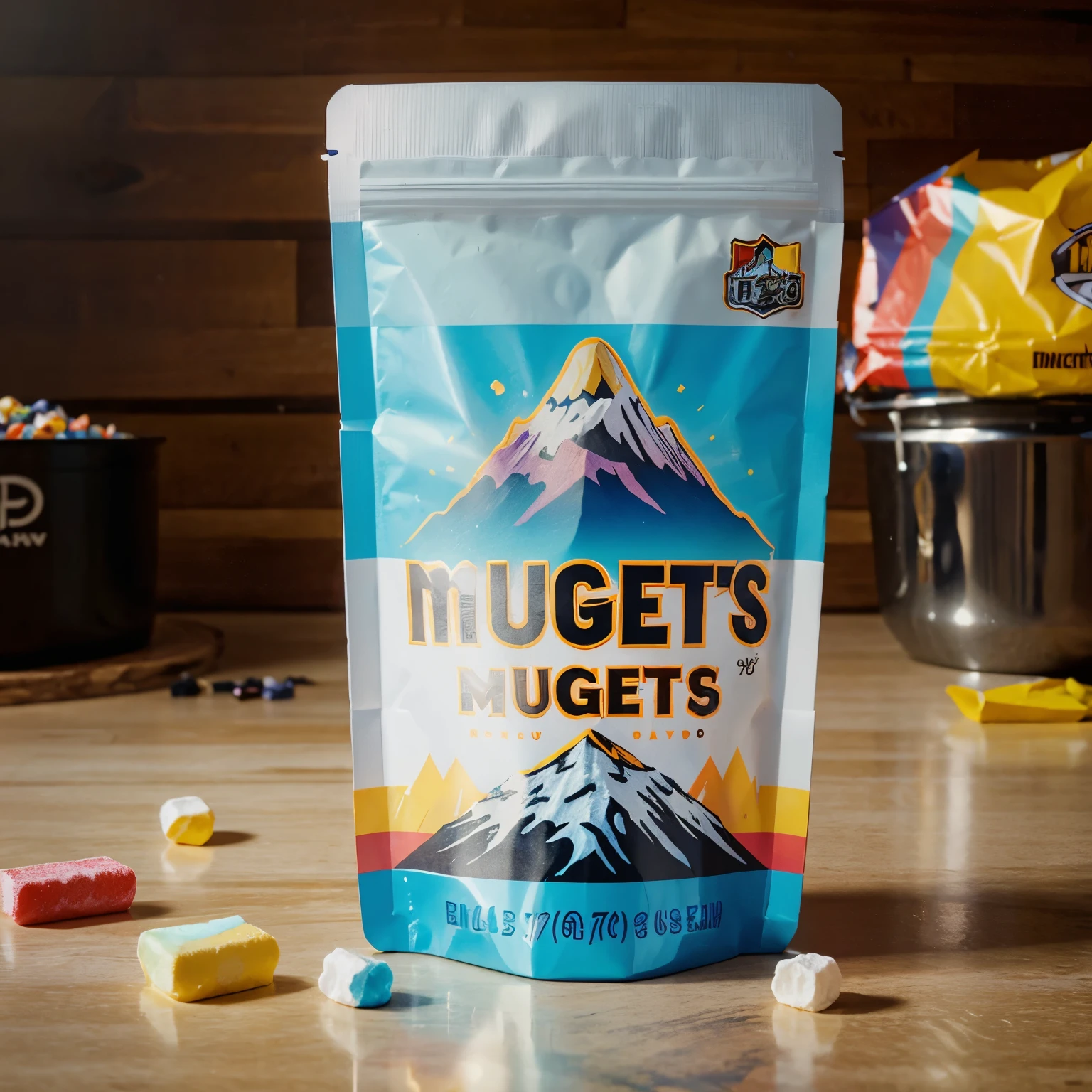 Candy packaging using the idea of denver nuggets mountain and rainbow logo 