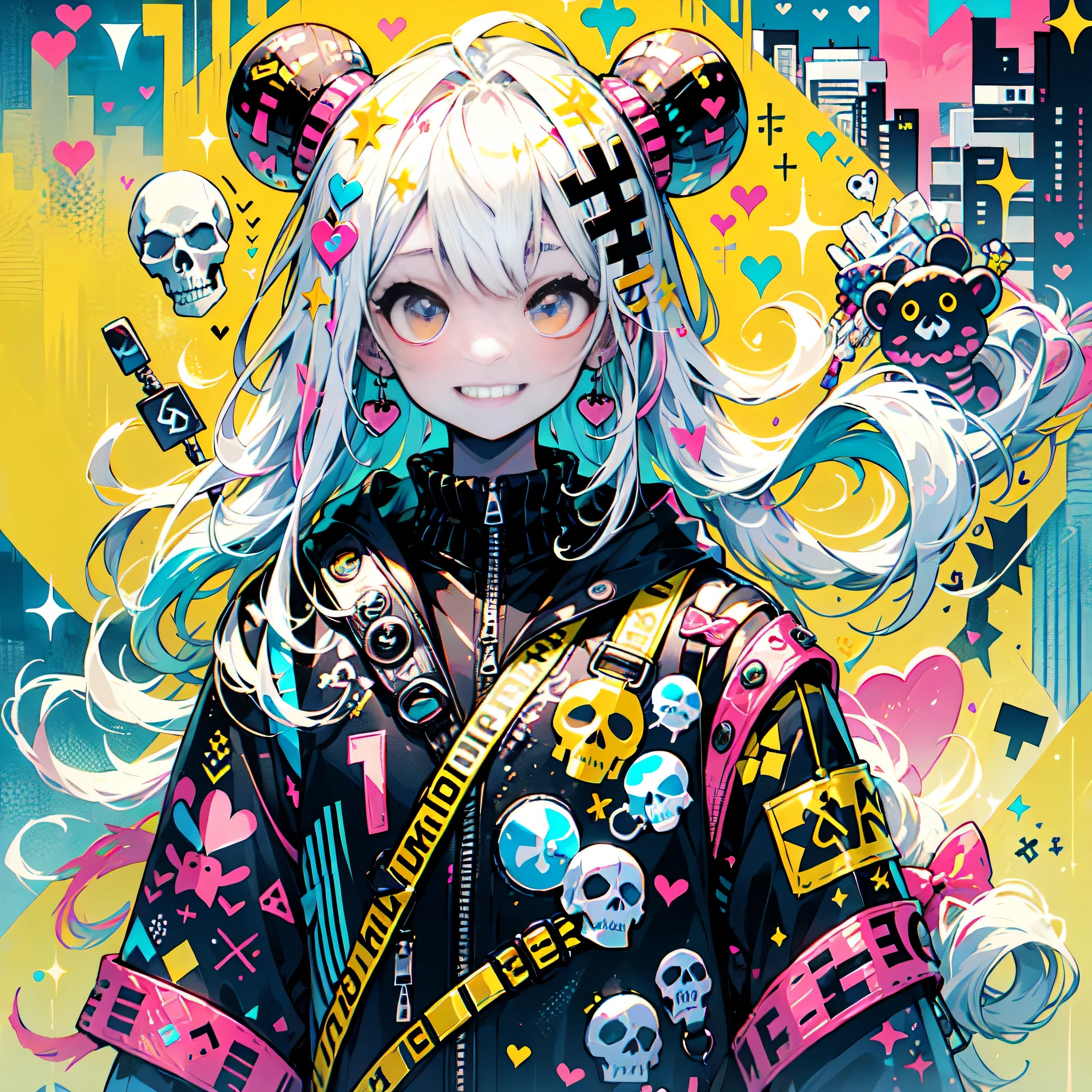 "cute, beautiful, Adorable girl wearing pink clothes, yellow, and baby blue color scheme. She is wearing a costume with a SKULL motif inspired by a female pirate.。.。.... her costume is fluffy and soft, Comes with decorative accessories such as hair clips. Embodying the vibrant and modern Harajuku fashion style。."