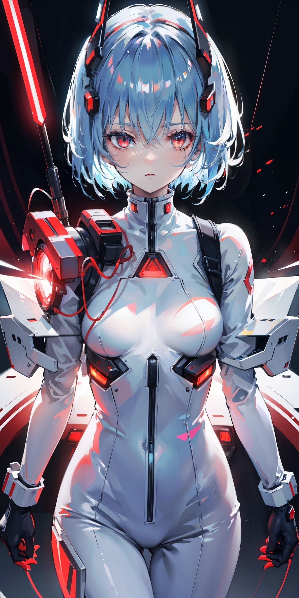 (best quality:1.2),1 girl,alone,permanent_,Ayanami Rei,white jumpsuit,Red eyes,pilot suit,short hair,blue hair,Bangs,interface headphone,turtleneck sweater,hair between eyes,Pixelated background,neon lights,sci-fi color scheme,bright colors,metallic feel,Detailed shadows,holographic interface,dark atmosphere,high contrast,sharp focus,strands of hair,Reflective surface,Exquisite details,high resolution,studio lighting,Red embellishment,lighting environment,Artificial Intelligence Assistant