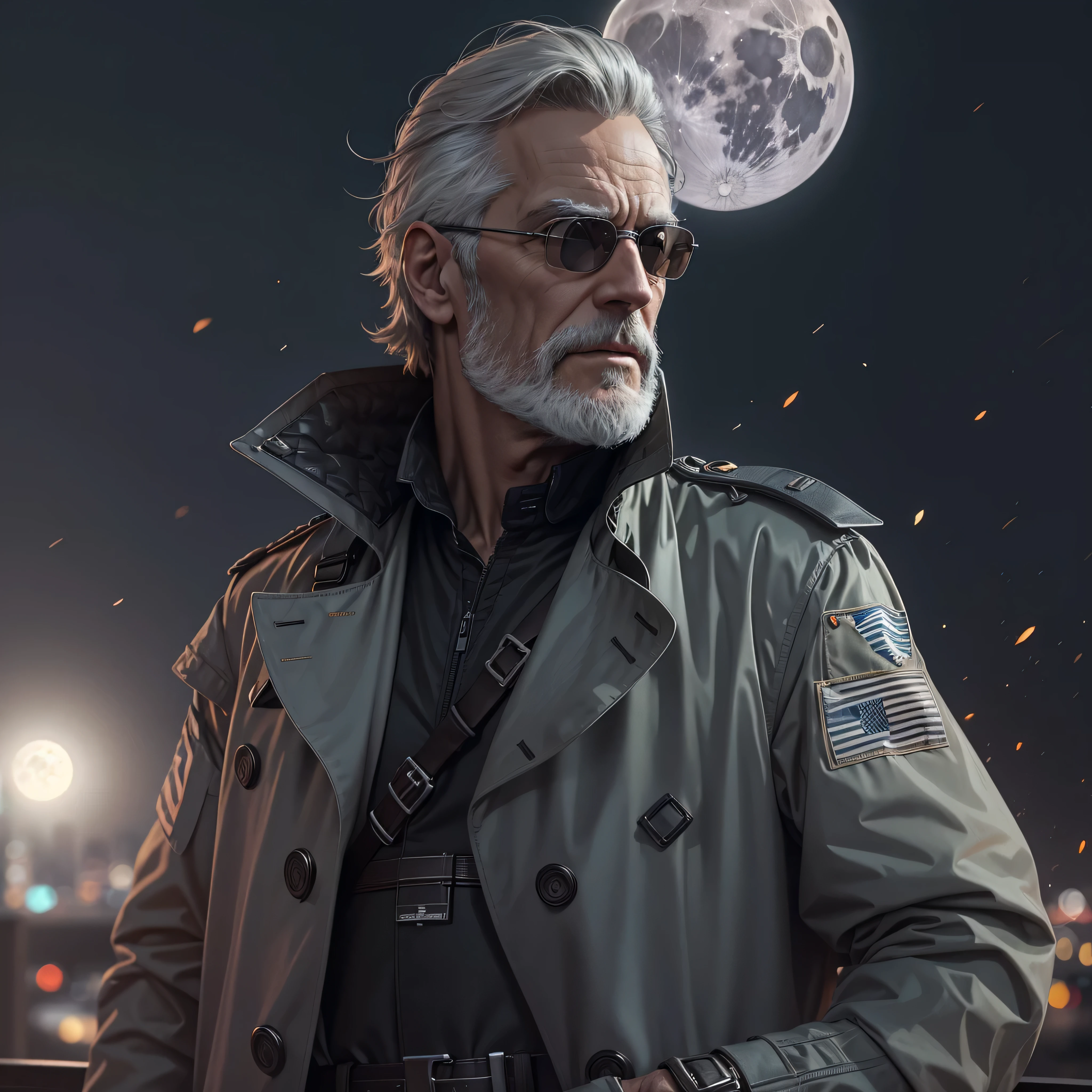 55yr. old white male, (((black combat trench coat))), (((bulletproof Vest))), gloves, brown pants, gray hair, gray beard, on rooftop, large moon in the background, photo-realistic, octane render, unreal engine, ultra-realistic