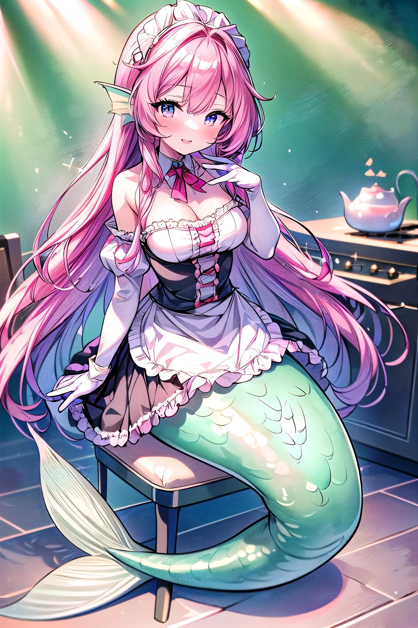 (masterpiece, best quality), a young girl,big breasts,Mermaid,long hair,maid,silky hair,sweet smile,Wearing a maid skirt,and white silk gloves,sit on the chair,full-body shot, kitchen,(delicate skin:1.3),(exquisite eyes), (sharp focus),(bright light)