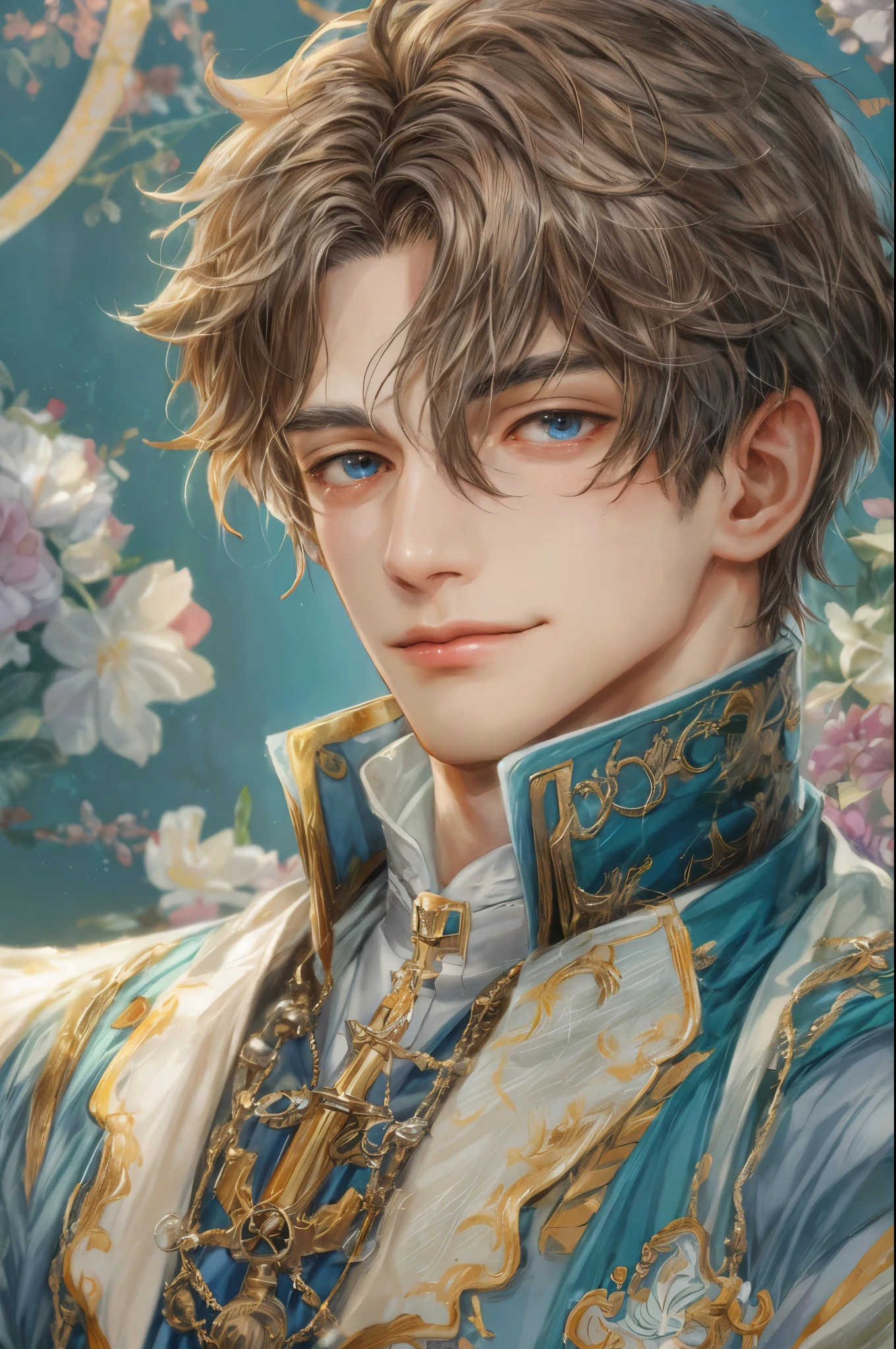 (absurdres, highres, ultra detailed, HDR), masterpiece, intricate, best quality, portrait of a handsome hero from tales of the rays, short hair, korean face, anime eyes, Acolyte outfit detailed interiors victorian style, detailed character