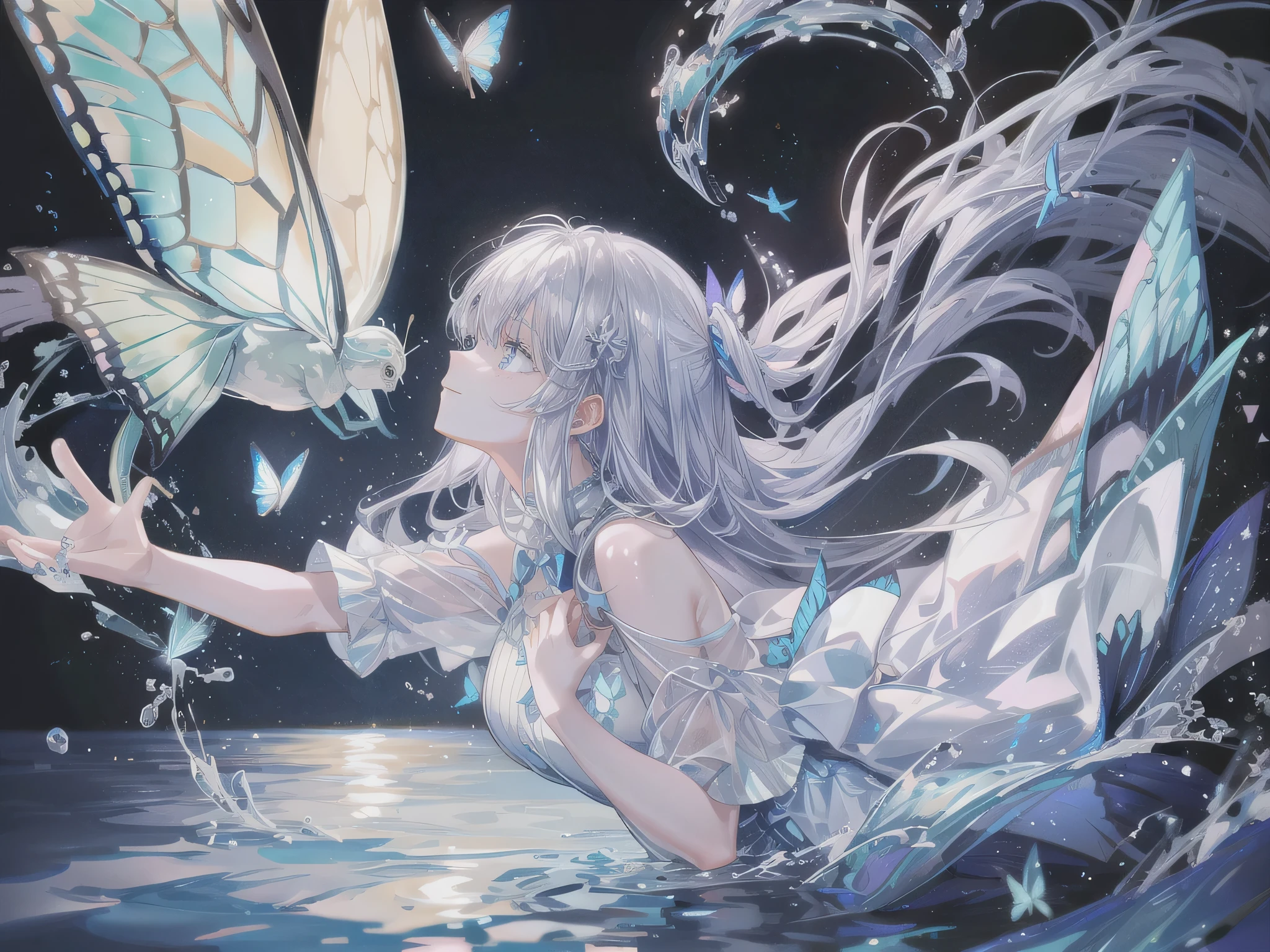 Beautiful butterflies flying on the melting water,Vivid and dreamy shimmery silvery white,Unimaginable beauty
