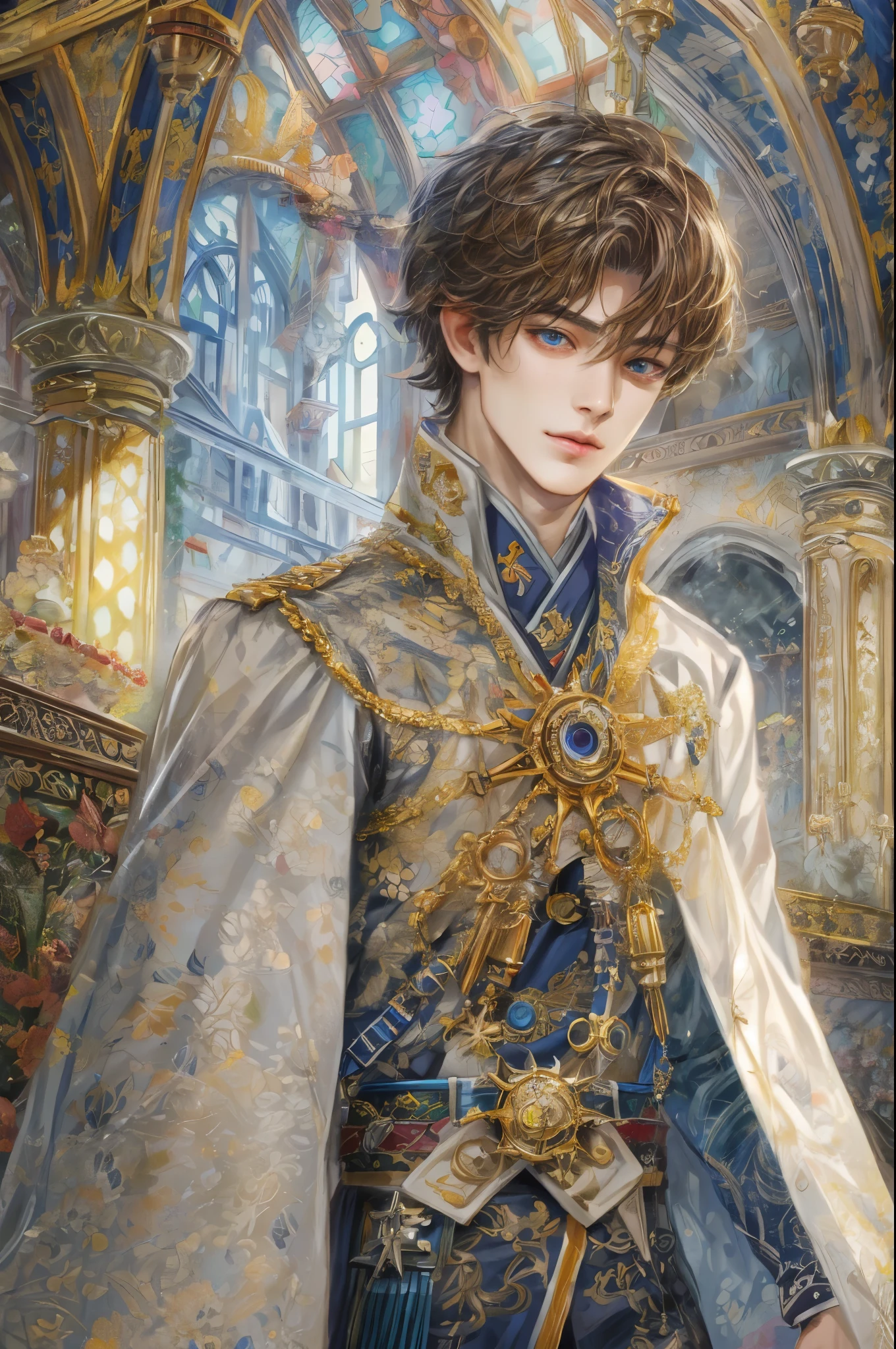 (absurdres, highres, ultra detailed, HDR), masterpiece, intricate, best quality, portrait of a handsome hero from tales of the rays, short hair, korean face, anime eyes, Acolyte outfit detailed interiors victorian style, detailed character