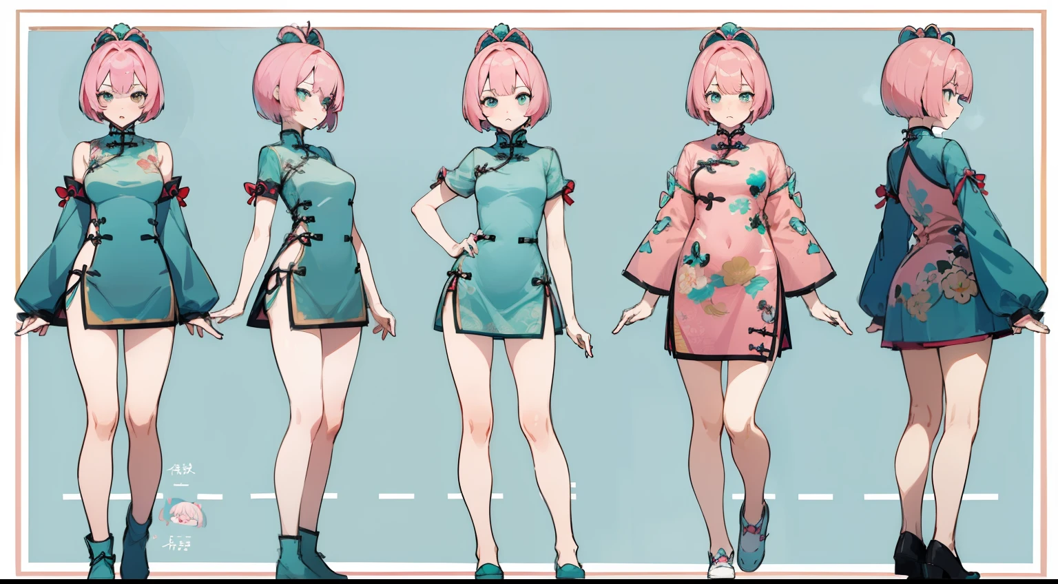 ((masterpiece, highest quality)), detailed face, character sheet, full body, Full of details, Multiple poses and expressions, very detailed, depth, many parts, 1 girl, pink hair, short bob cut、 short hair, dull bangs, Tsundere, expression of anger、 ((( Chinese dress turquoise blue short dress))) (((mini skirt))) ((sexy dress))