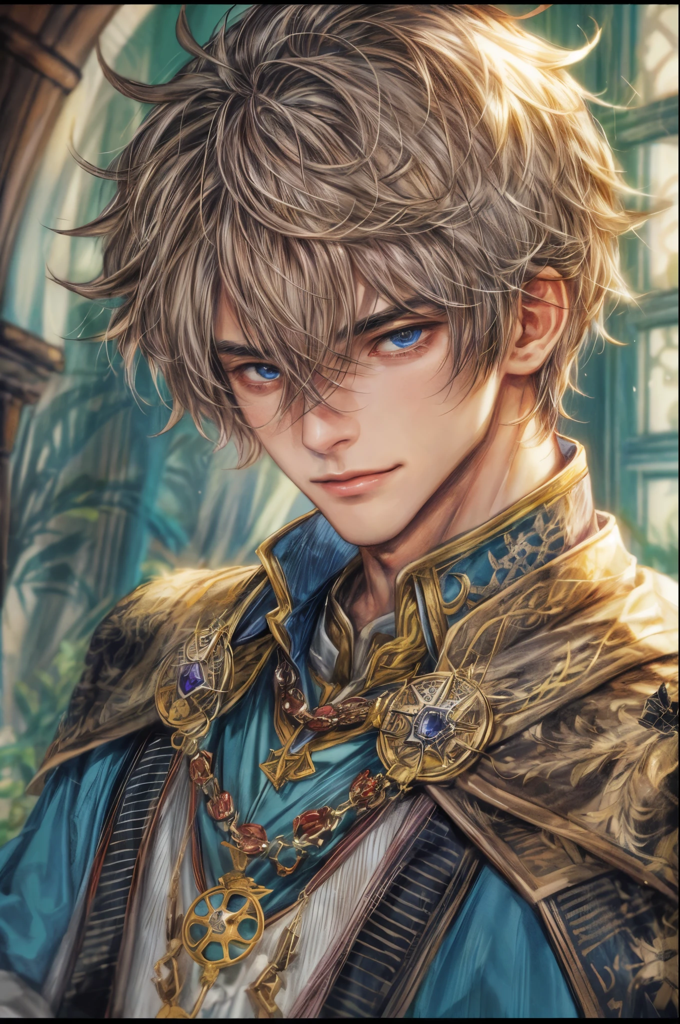 (absurdres, highres, ultra detailed, HDR), masterpiece, intricate, best quality, portrait of a handsome hero from tales of the rays, short hair, korean face, anime eyes, rogue outfit detailed interiors medieval style, detailed character