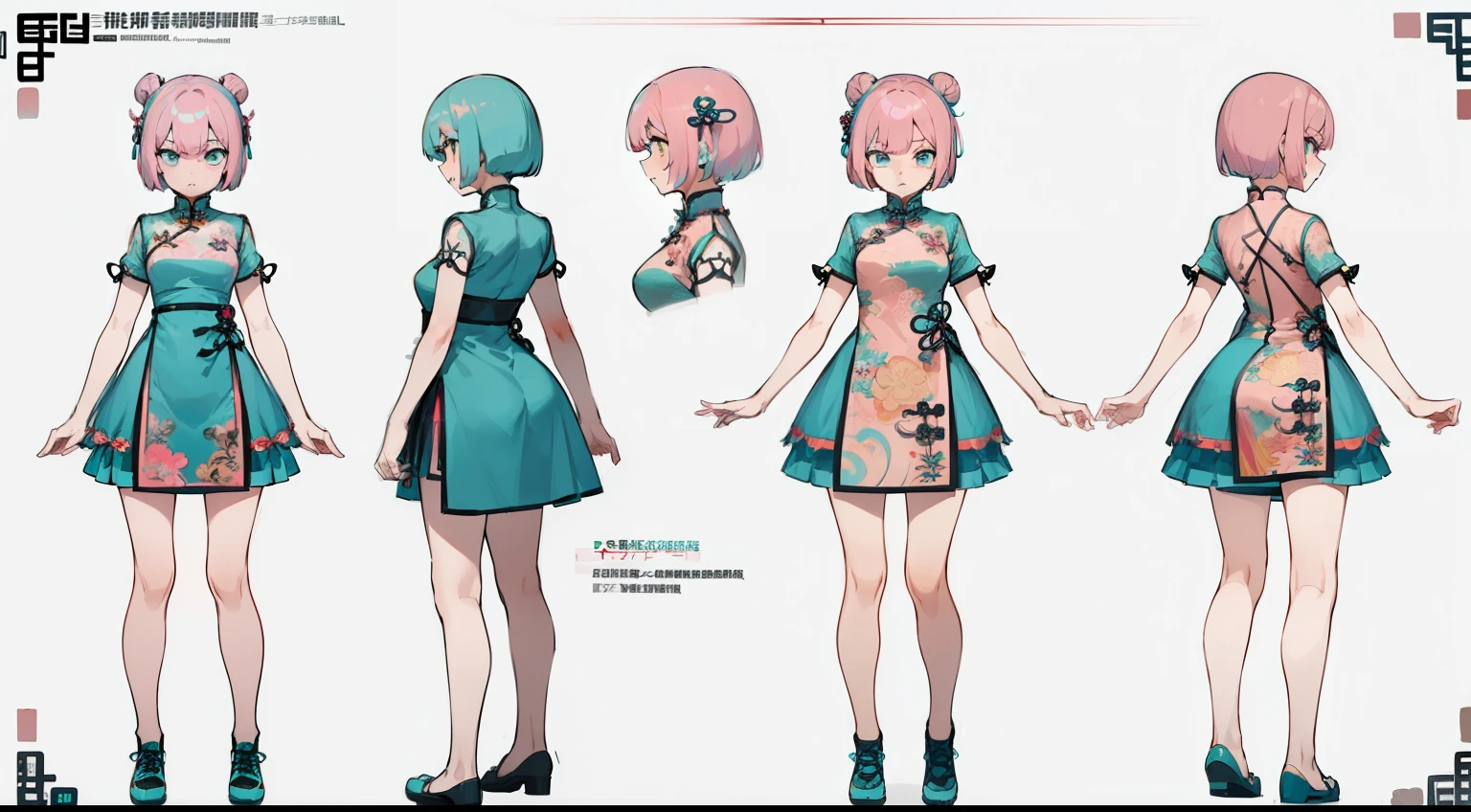 ((masterpiece, highest quality)), detailed face, character sheet, full body, Full of details, Multiple poses and expressions, very detailed, depth, many parts, 1 girl, pink hair, short bob cut、 short hair, dull bangs, Tsundere, expression of anger、 ((( Chinese dress turquoise blue short dress))) (((mini skirt))) ((sexy dress))