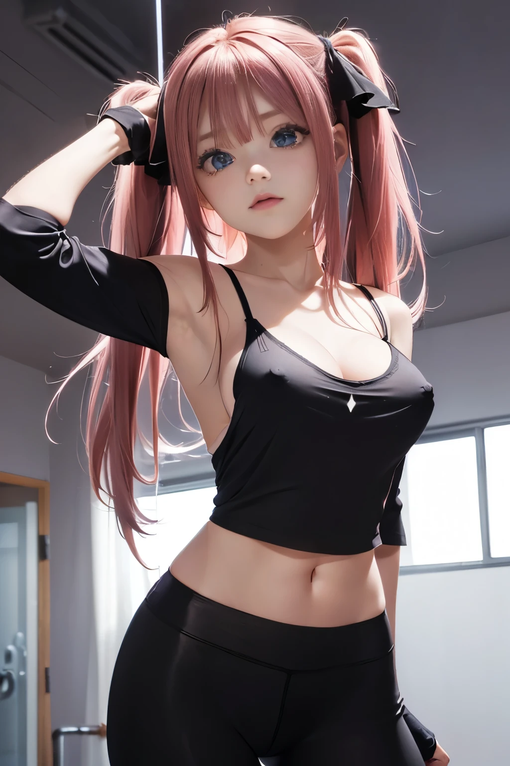 Optimal,masterpiece,High resolution,highest quality,(Upper body),cute face,,pink hair、twin tails、long hair、hair line,((blue eyes)),long eyelashes,drooping corners of the eyes,white skin,((shoot from the front:1.5)), ((camisole:1.5)), ((tight yoga pants)). ((transparent nipples))、((black gloves))、rocket tits, ((big breasts:1.3))