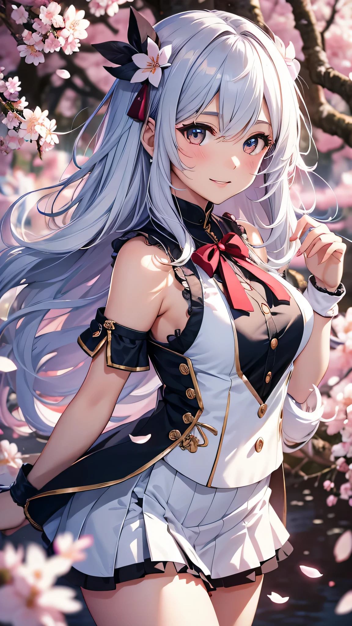 最high quality、best image quality、masterpiece、girl((18-year-old、 By becoming、vest bust、medium bust,wide open breast tea、shining eyes, silver hair、long hair、thin,highest valley、、white sailor suit、White short skirt、Wristband、smile、dance、song)),high quality、beautiful art、background((SakuraFubuki、Falling cherry blossoms、Cherry tree、beautiful park、square、Cherry Meadow、Wind))、Flight、debris flies、Depth of written boundary、movie、visual art、perfect art、8K,genuine、