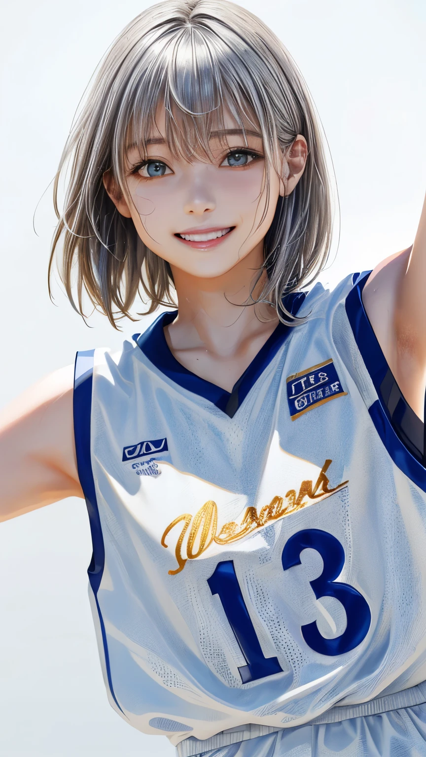 (((highest quality、8K、32k、masterpiece)))、(realistic)、(Photoreal:1.2)、(High resolution)、Super detailed、very beautiful face and eyes、1 girl、round and small face、thin waist、((delicate body))、(((highest quality、high detail、Rich skin details)))、(highest quality、8K、oil paint:1.2)、Super detailed、(realistic、realistic:1.37)、bright colors、(((silver hair)))、(((full body shot)))、(((medium hair)))、(((pure white wall background)))、(((Wearing a basketball uniform)))、(((white and blue clothes)))、(((I'm smiling)))、(((sweating)))、(((Teeth are visible)))
