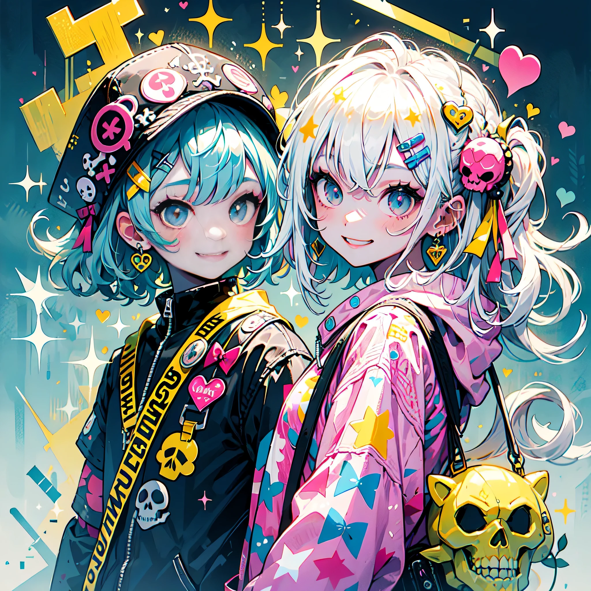 akira toriyama style、"cute, beautiful, Adorable girl wearing pink clothes, yellow, and baby blue color scheme. She is wearing a costume with a SKULL motif inspired by a female pirate.。.。.。.... her costume is fluffy and soft, Comes with decorative accessories such as hair clips. Embodying the vibrant and modern Harajuku fashion style。." 、(((best smile)))、stylish design