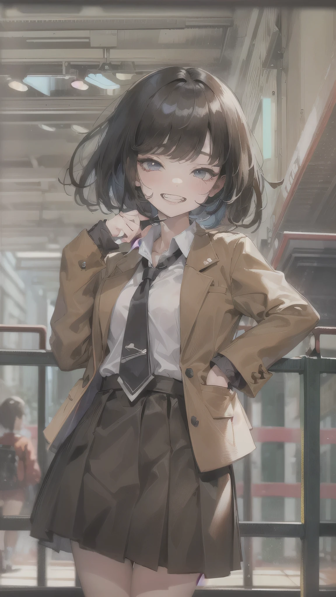 perfect anatomy, masterpiece:1.2, best quality, 8k, beautiful detailed grow, daydreaming expression, ((blunt bangs)) (bob black hair semi-long hair lovely girl, 12 yo), (toothy grin, wide smile, glistening teeth), (in brown blazer, brown skirt), break, in the school gate.