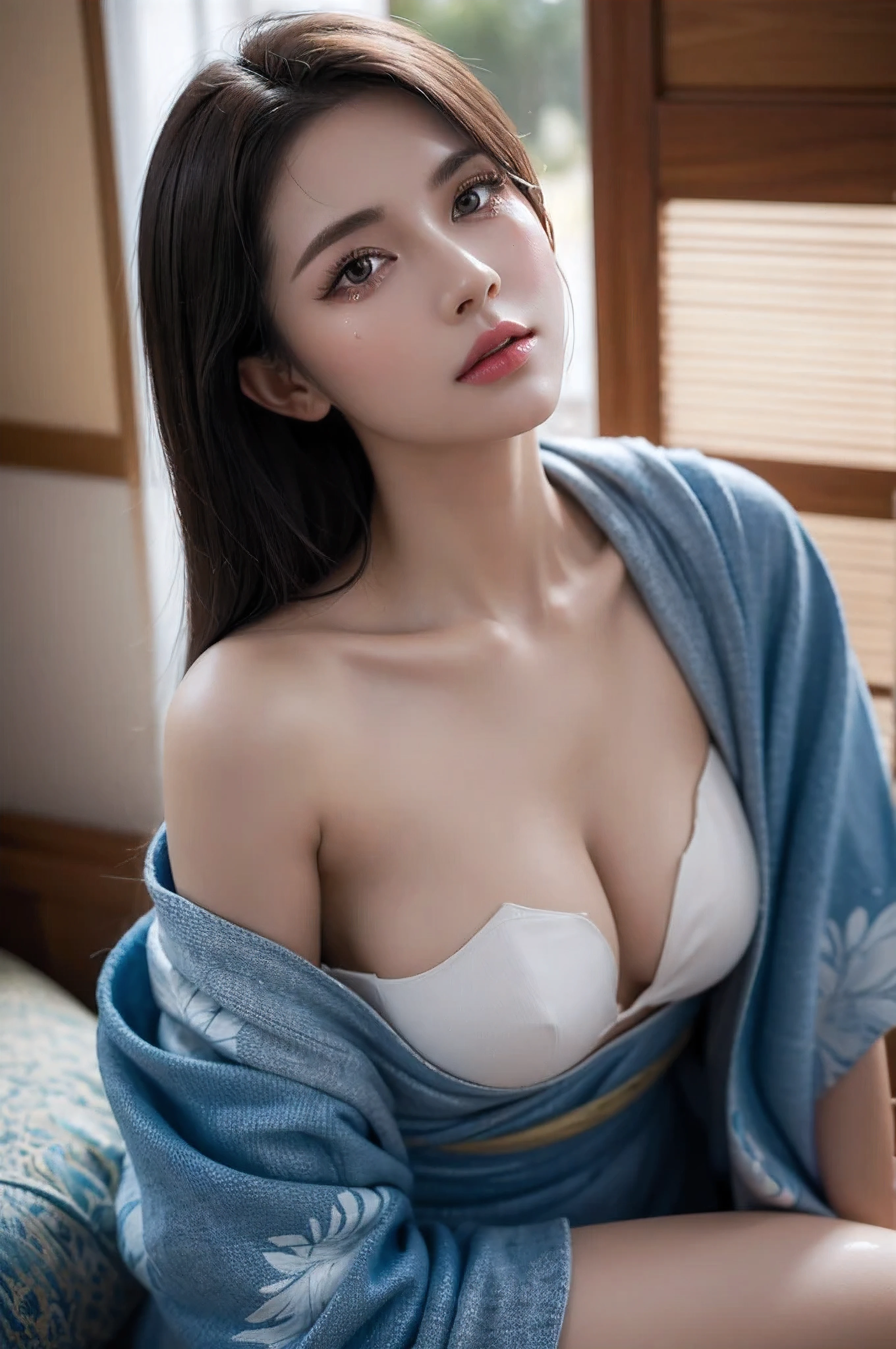 hd, 4k, high quality, shukezouma, octane render, hdr, (hyperdetailed:1.15), (soft light, sharp:1.2), 1girl, beautiful girl, ultra detailed eyes, mature, painting drops, paint teardrops, woman made up from paint, entirely paint, splat, splash, long colored hair, kimono made from paint, ultra detailed texture kimono, paint kimono, paint bulb, exposed cleavage, sexy, paint drops, indoors, exposed shoulders, tears, sexy, shoulders visible, thighs exposed, semi naked, focus on face, beautiful face, eye shadow, dark eye outline, Russian face, Russian girl, mascara, beautiful, 50 year old,