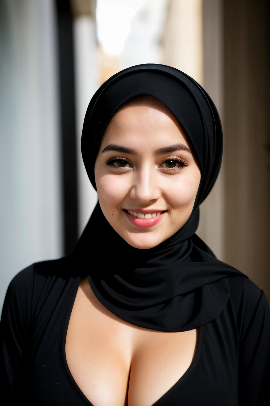 RAW photo, face portrait photo of beautiful 26 y.o woman, cute face, wearing black dress, happy face, hard shadows, cinematic shot, dramatic lighting, jilbab ,big booob hots